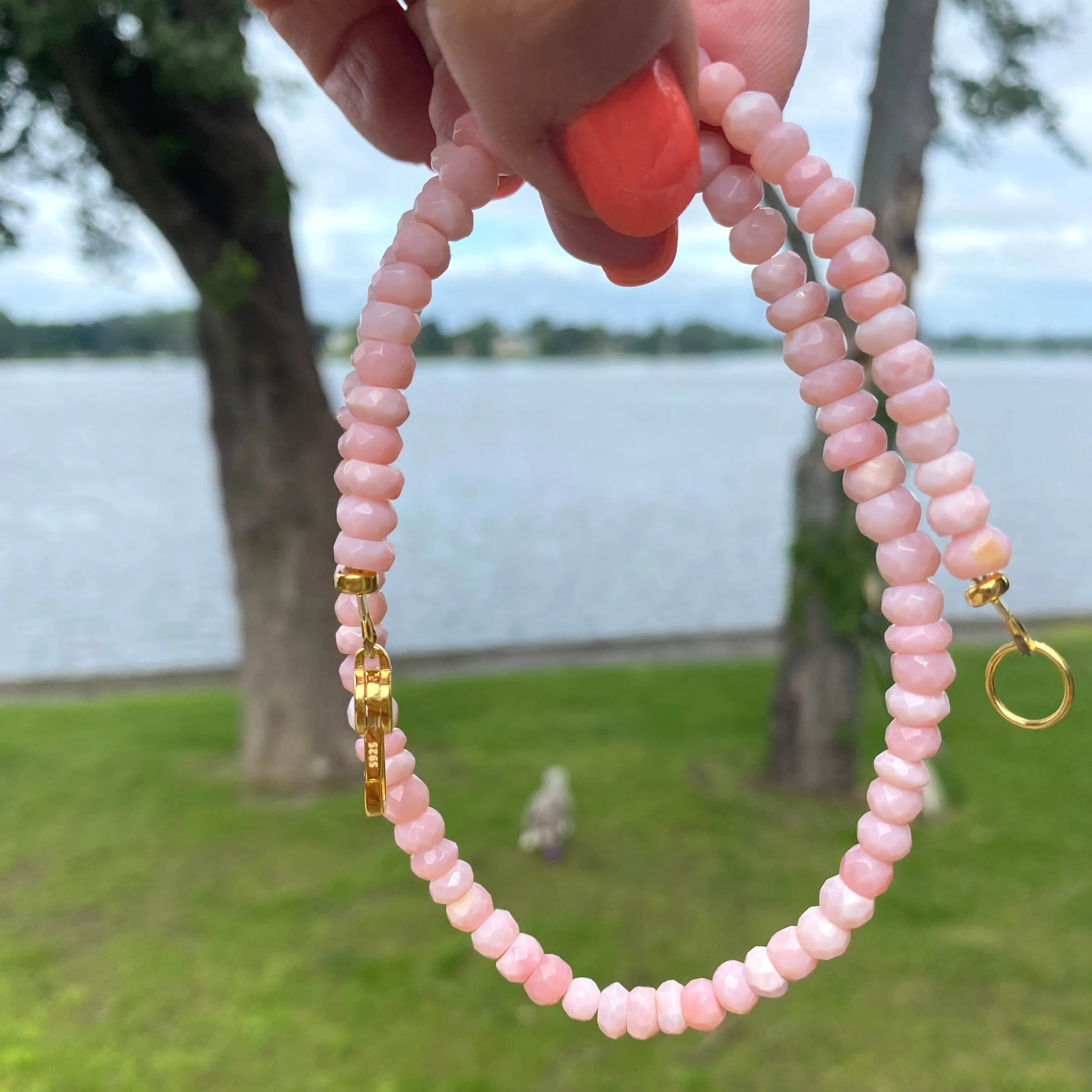 Pink Opal Short Necklace, 15-17inches, Gold Vermeil Plated Sterling Silver Lobster Closure