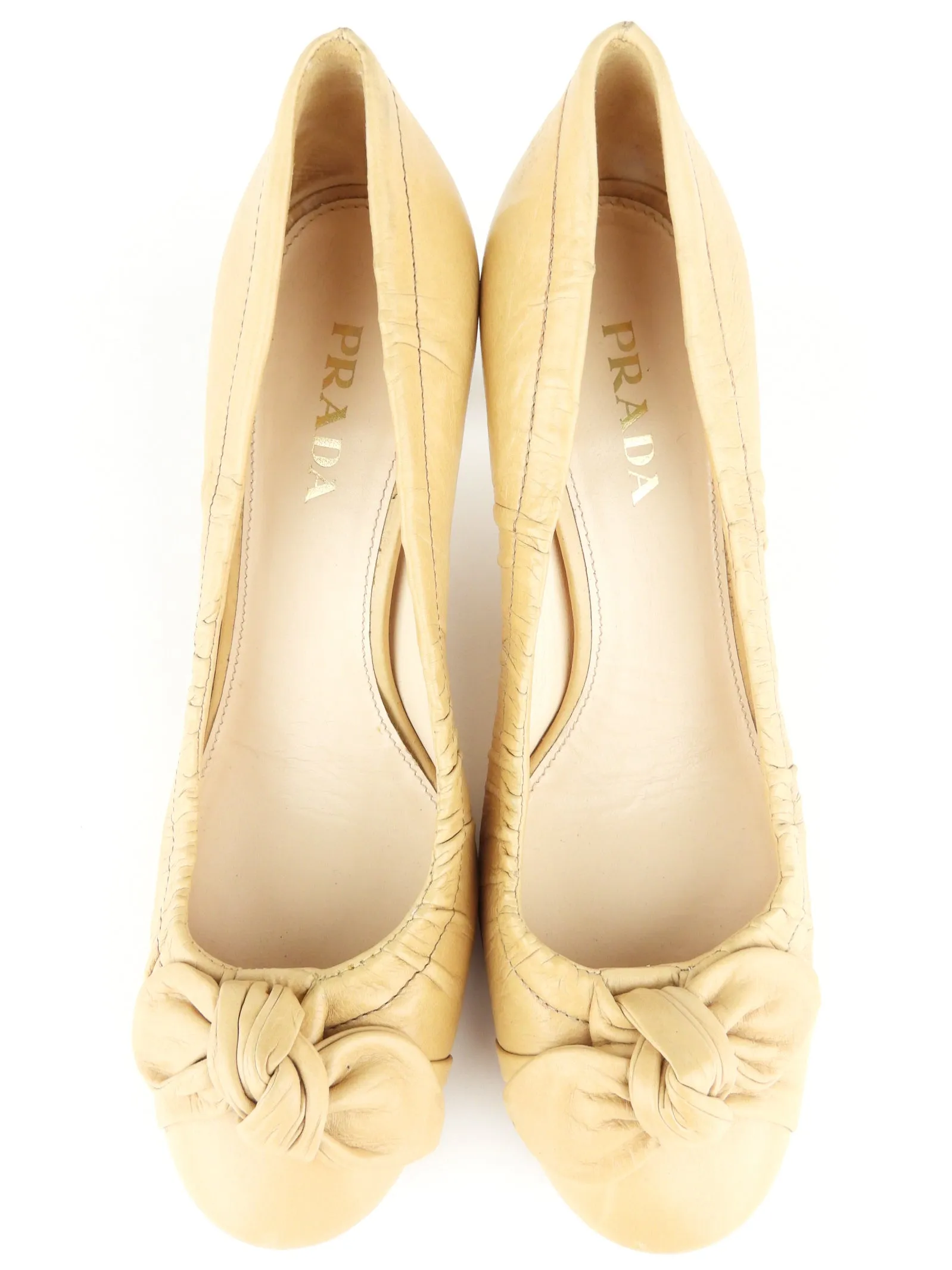 Prada Beige Soft Scrunched Leather Bow Pumps - 37.5