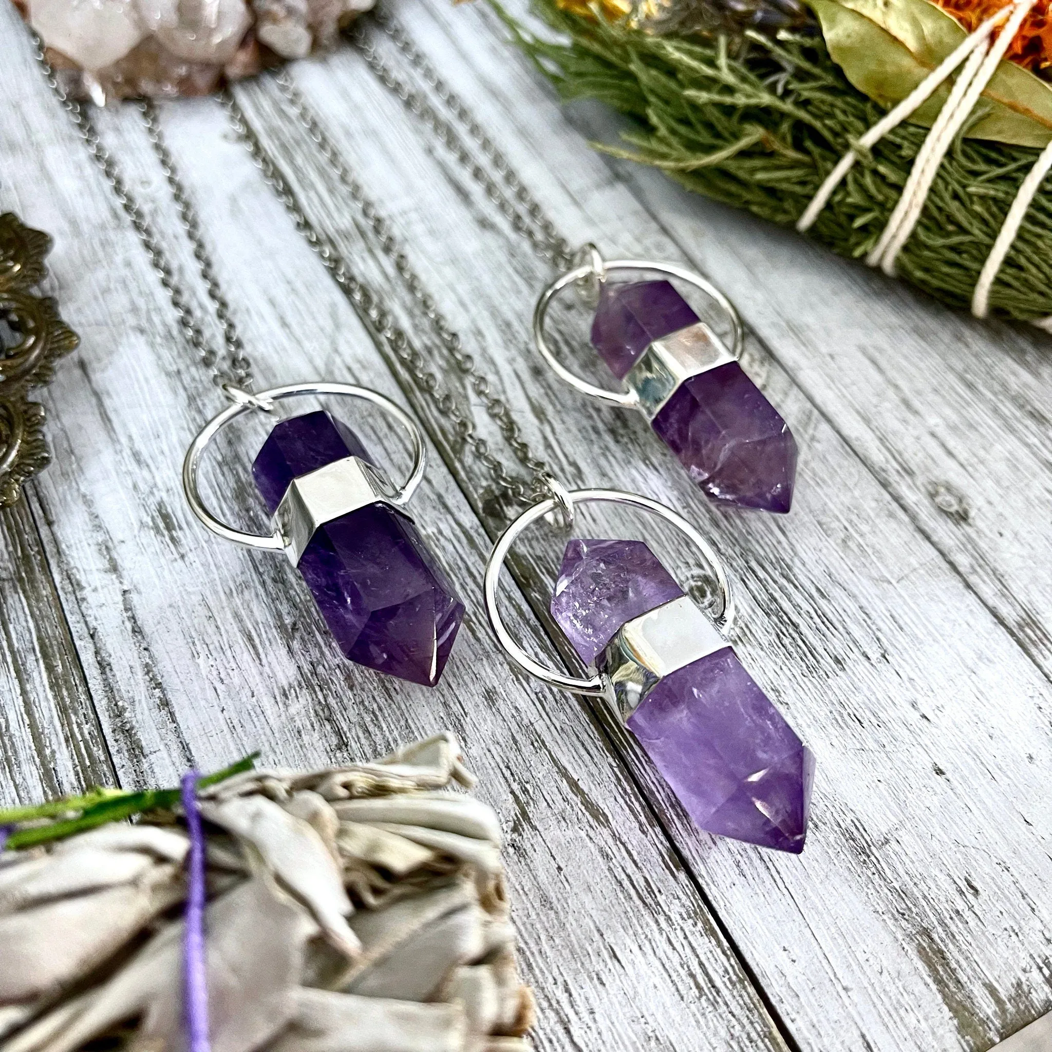 Purple Amethyst Crystal Point Necklace in Sterling Silver  -Designed by FOXLARK Collection