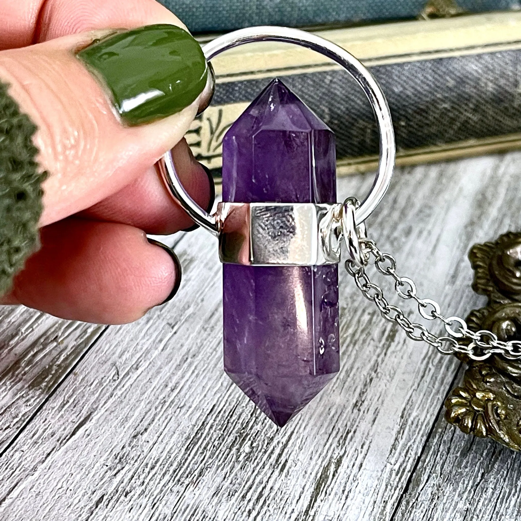 Purple Amethyst Crystal Point Necklace in Sterling Silver  -Designed by FOXLARK Collection