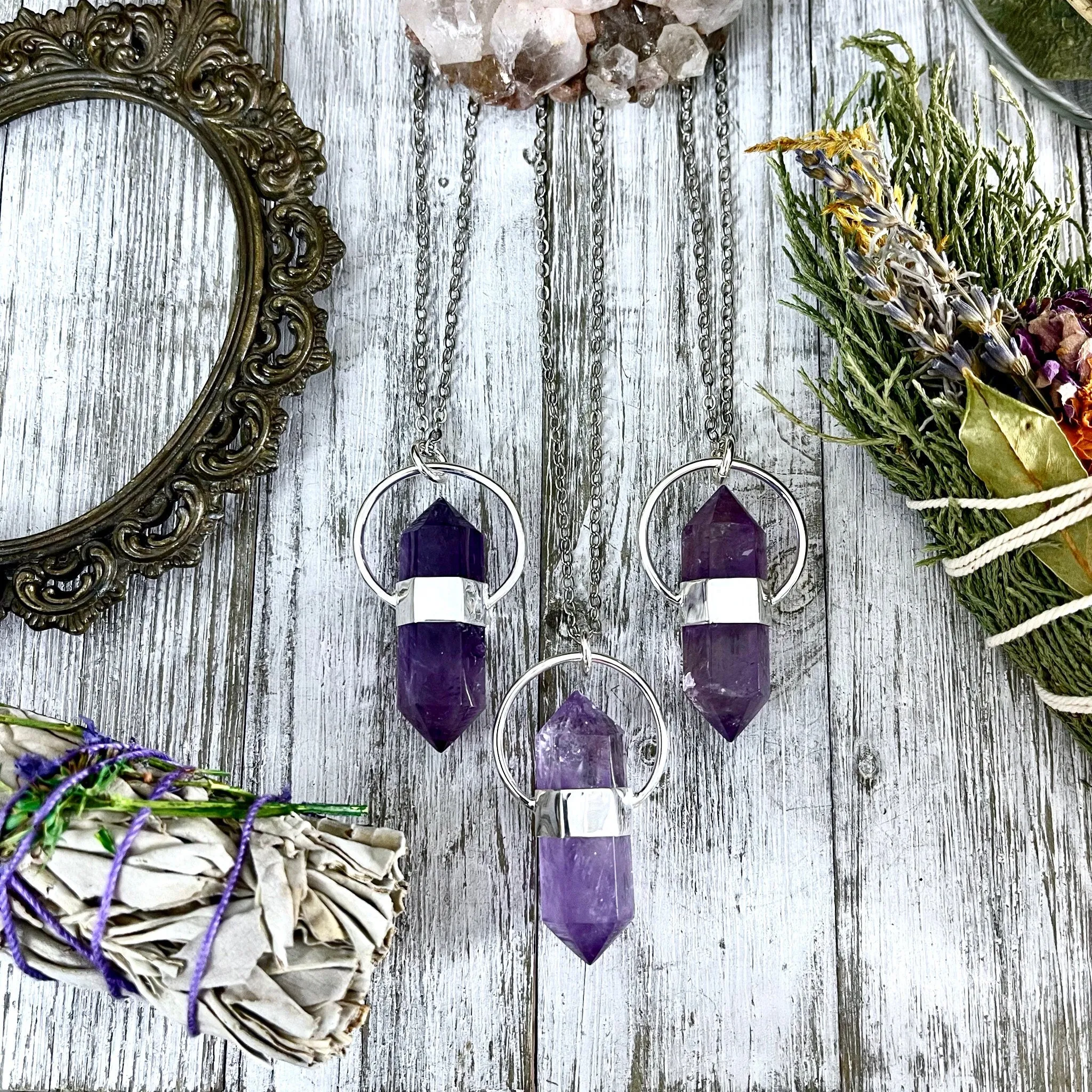 Purple Amethyst Crystal Point Necklace in Sterling Silver  -Designed by FOXLARK Collection