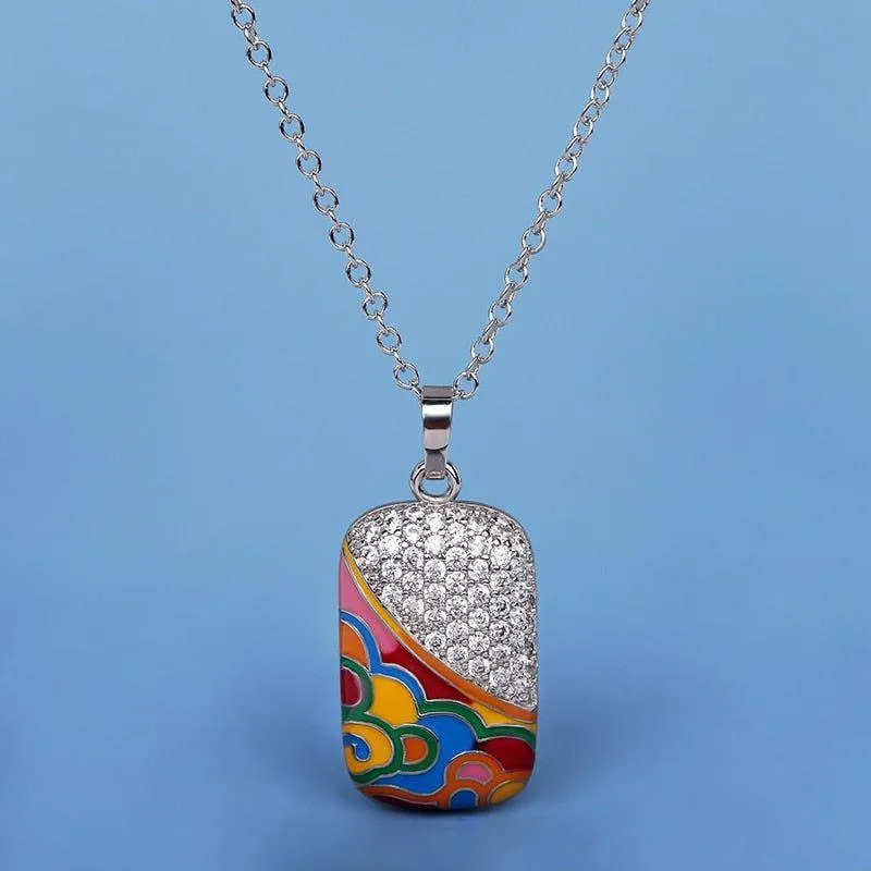 QS242 - 925 Sterling Silver Fashion Square Pendant Enamel Necklace Charm Jewelry