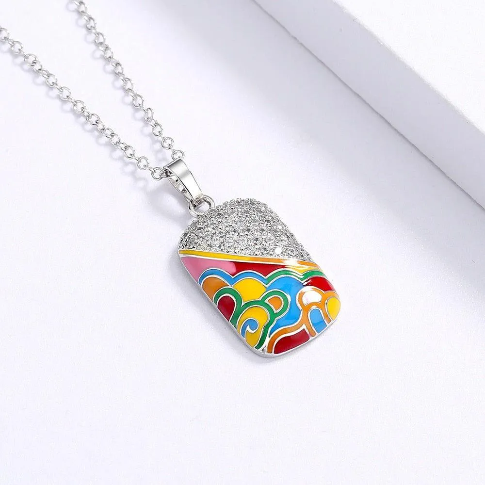 QS242 - 925 Sterling Silver Fashion Square Pendant Enamel Necklace Charm Jewelry