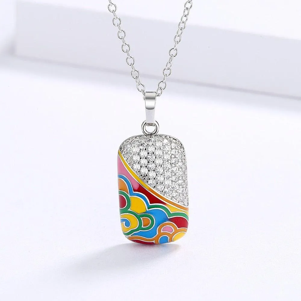 QS242 - 925 Sterling Silver Fashion Square Pendant Enamel Necklace Charm Jewelry