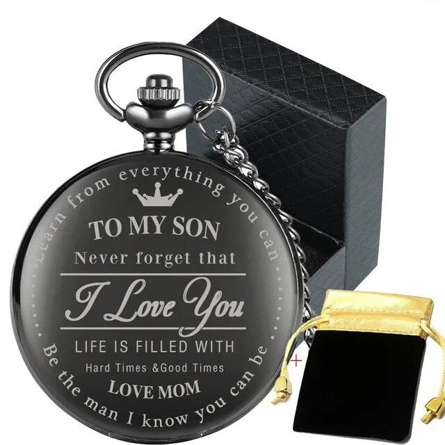 "To My Son Love Mom" Black Antique White Dial Roman Numerals Chain Link Quartz Pocket Watch