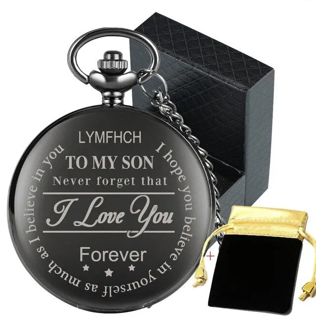 "To My Son Love Mom" Black Antique White Dial Roman Numerals Chain Link Quartz Pocket Watch