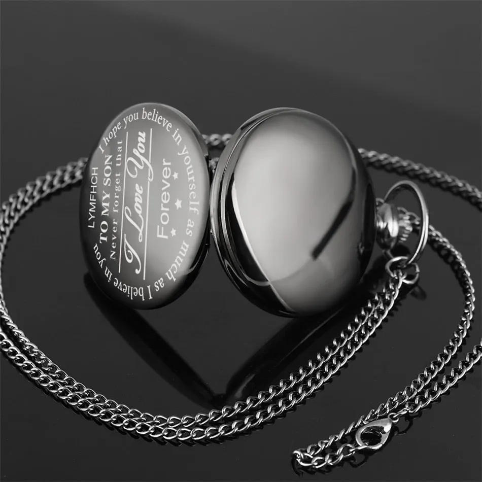 "To My Son Love Mom" Black Antique White Dial Roman Numerals Chain Link Quartz Pocket Watch