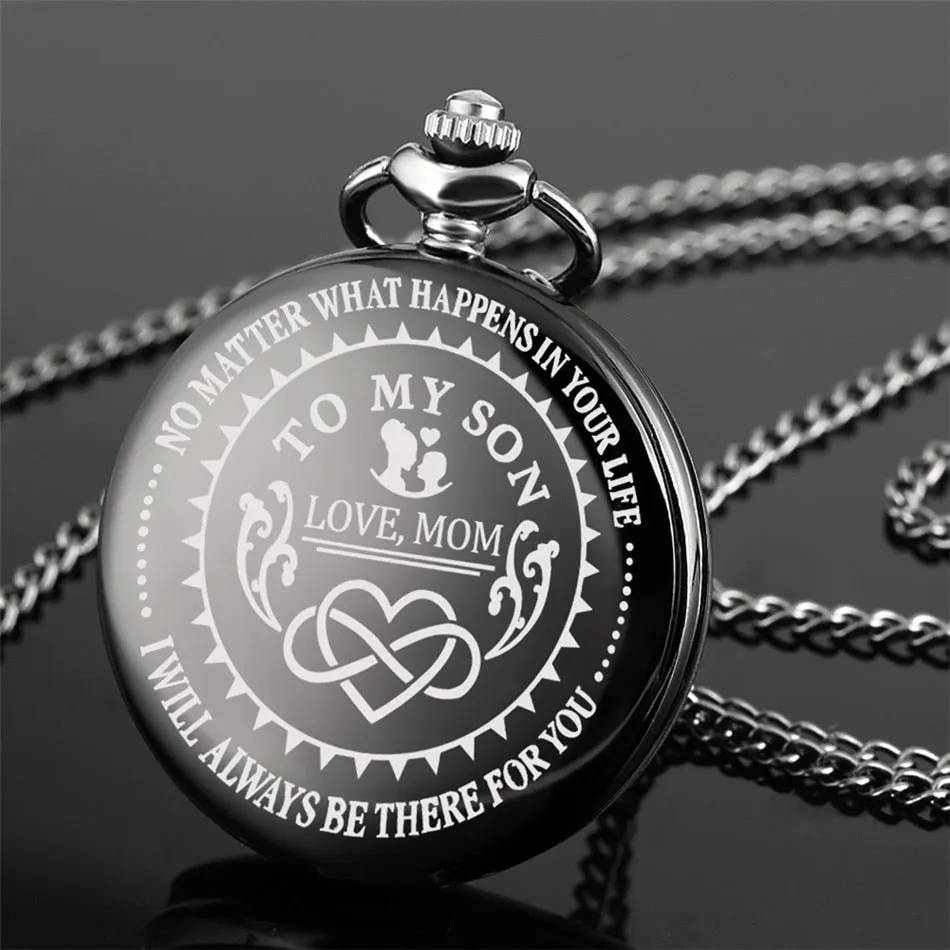 "To My Son Love Mom" Black Antique White Dial Roman Numerals Chain Link Quartz Pocket Watch