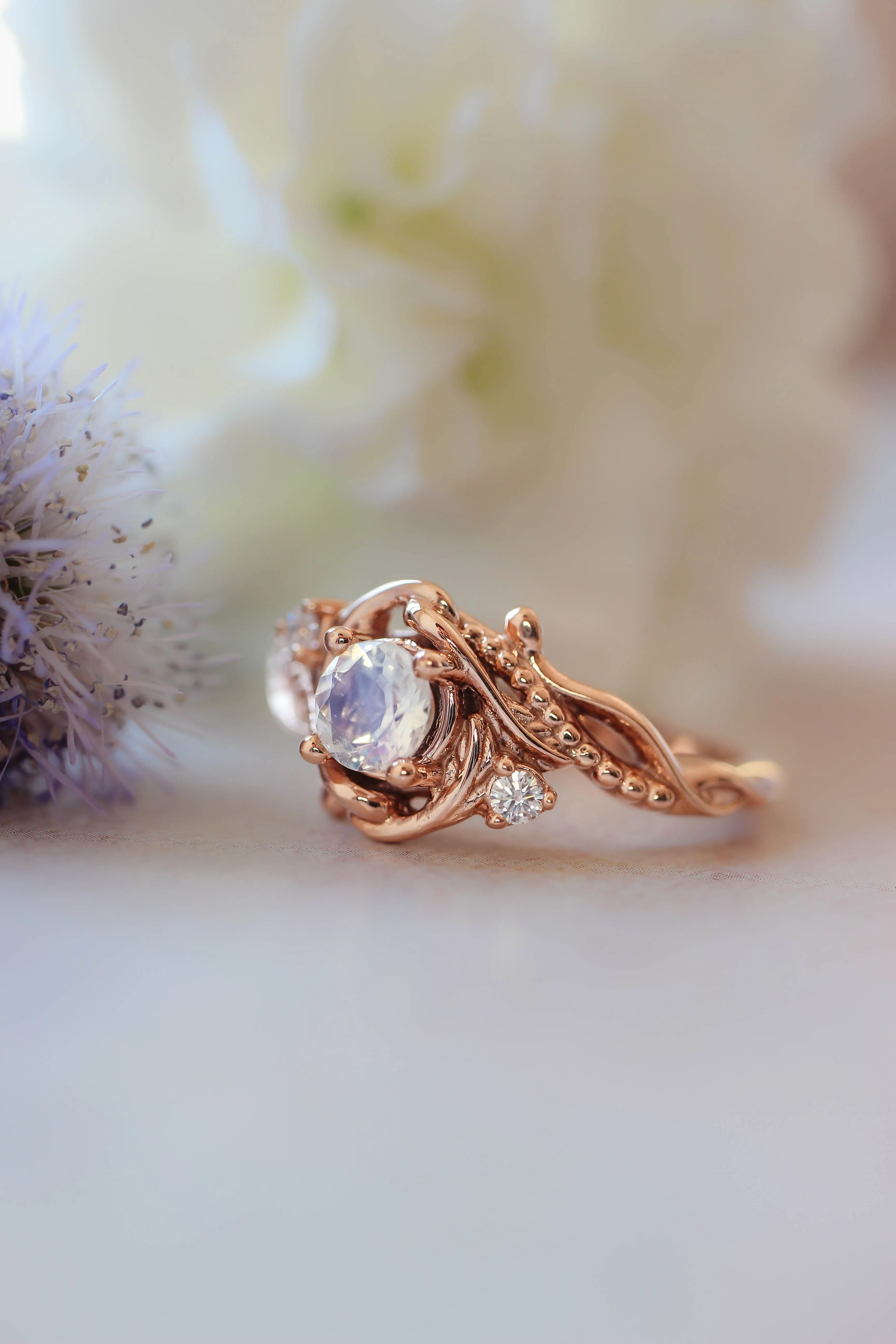 Rainbow moonstone engagement ring with diamonds / Undina