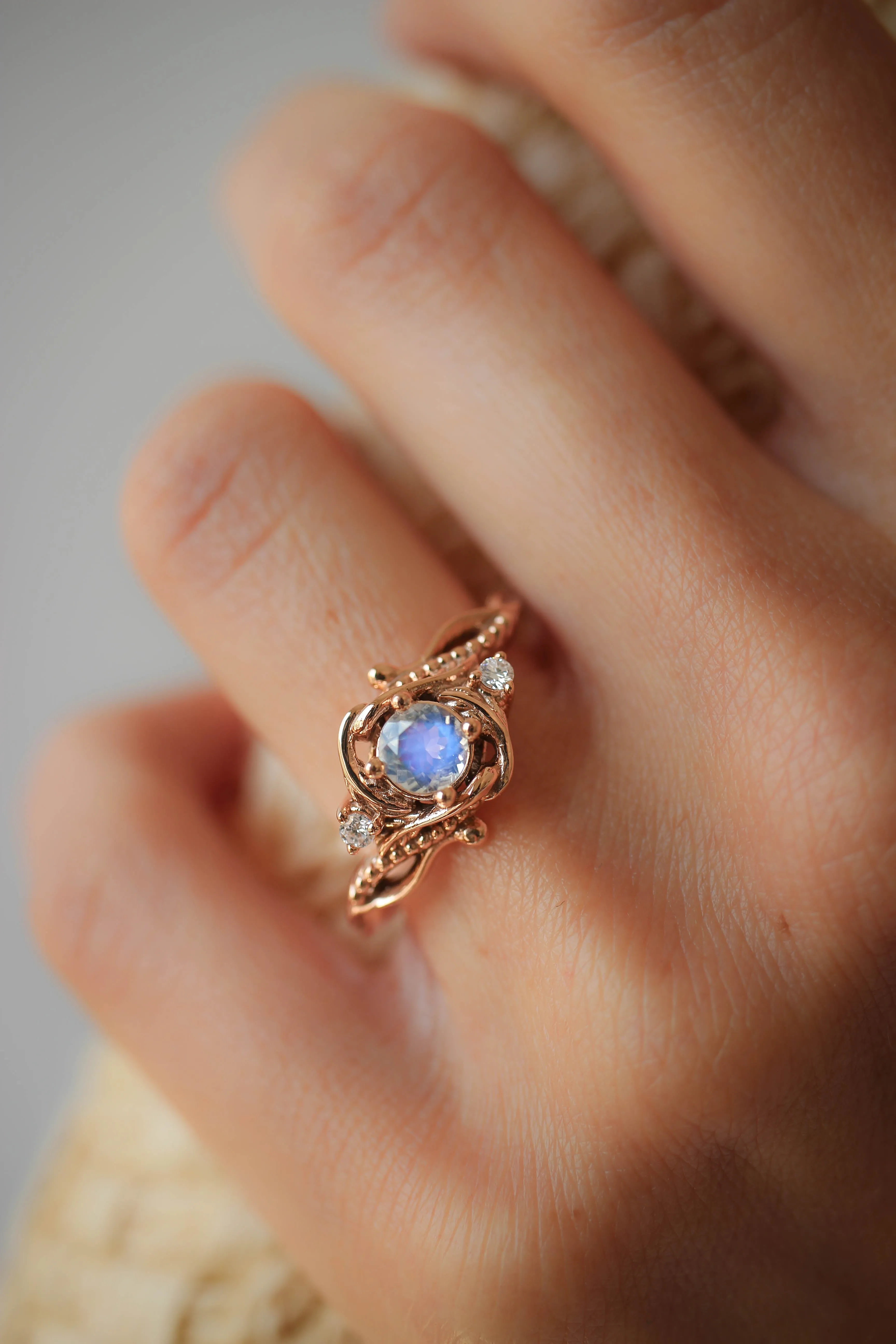 Rainbow moonstone engagement ring with diamonds / Undina