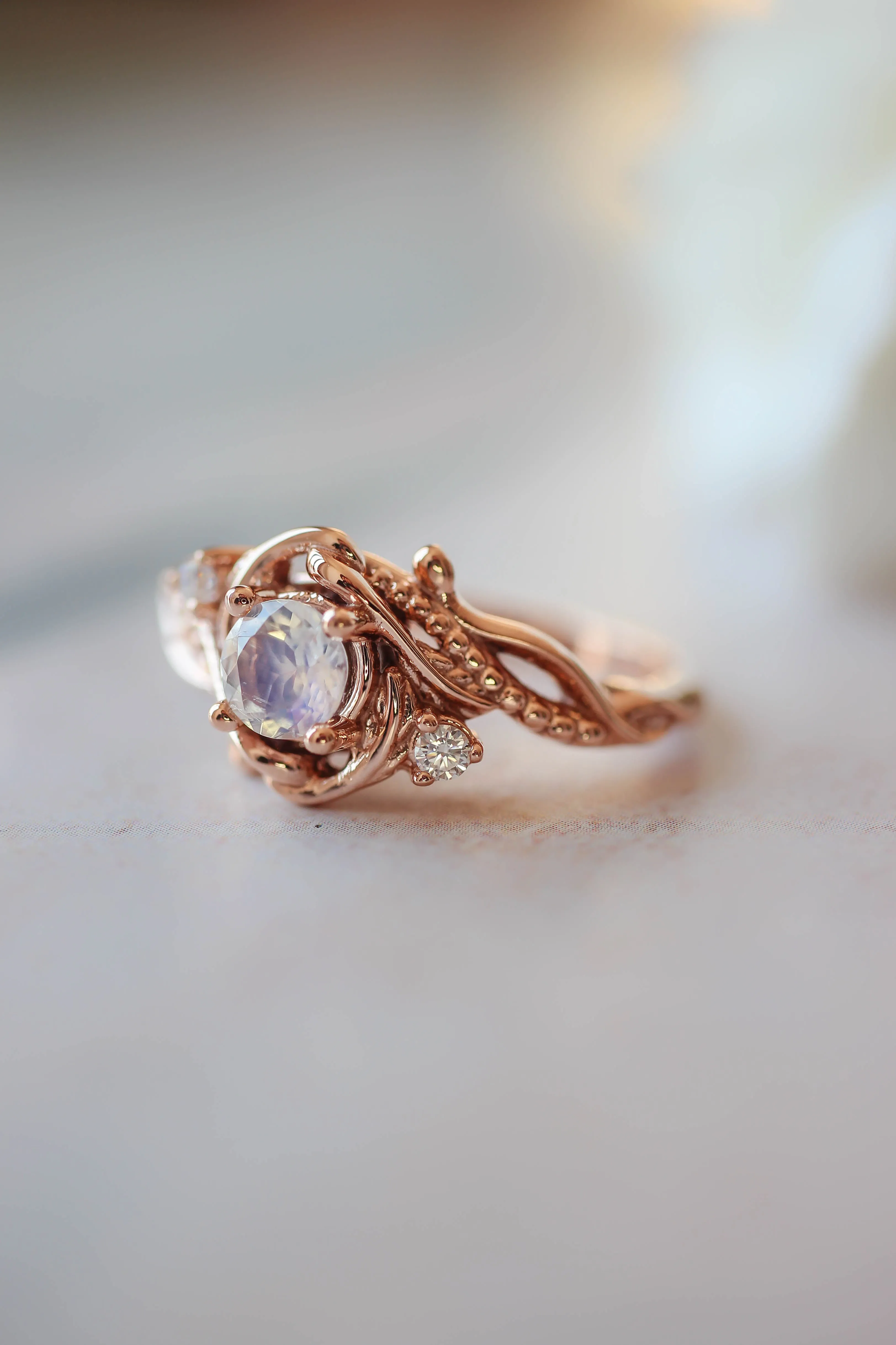 Rainbow moonstone engagement ring with diamonds / Undina