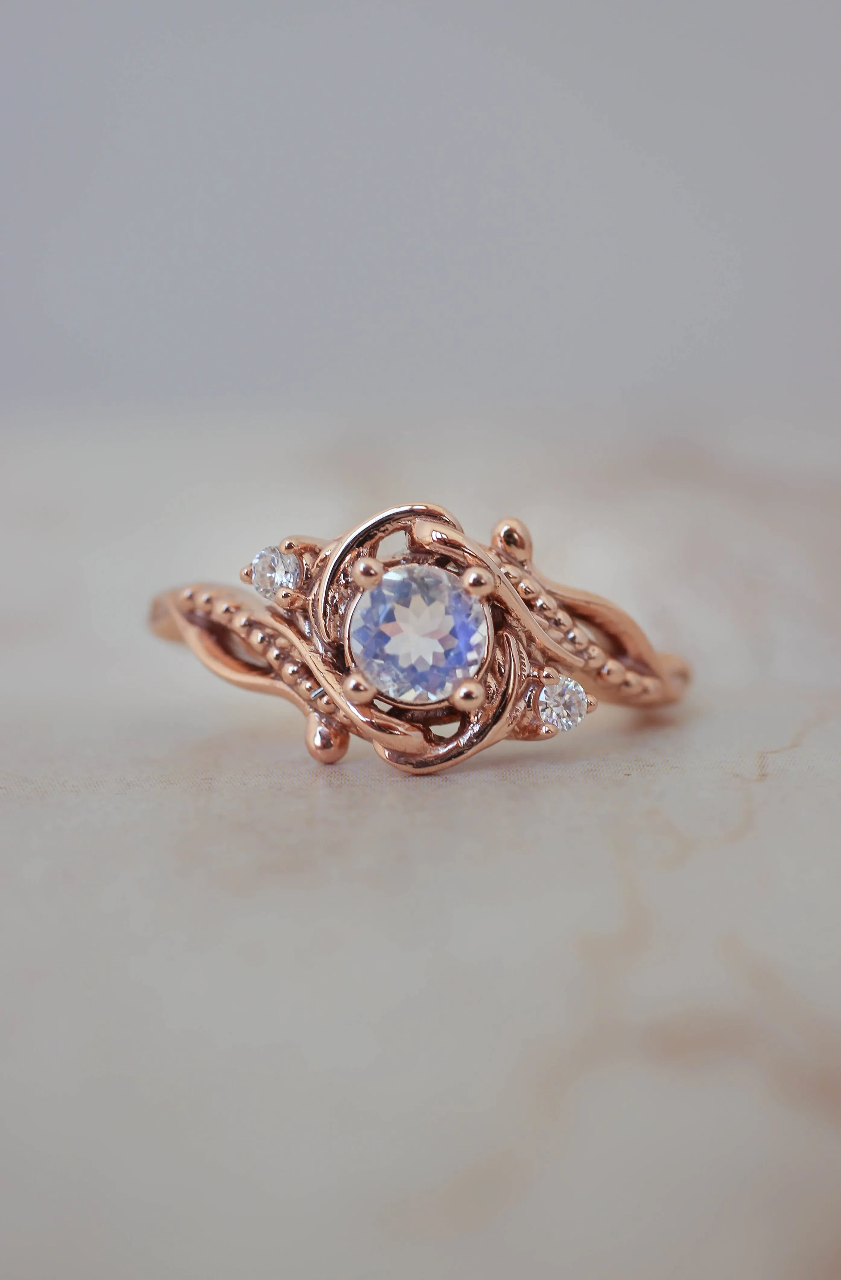 Rainbow moonstone engagement ring with diamonds / Undina