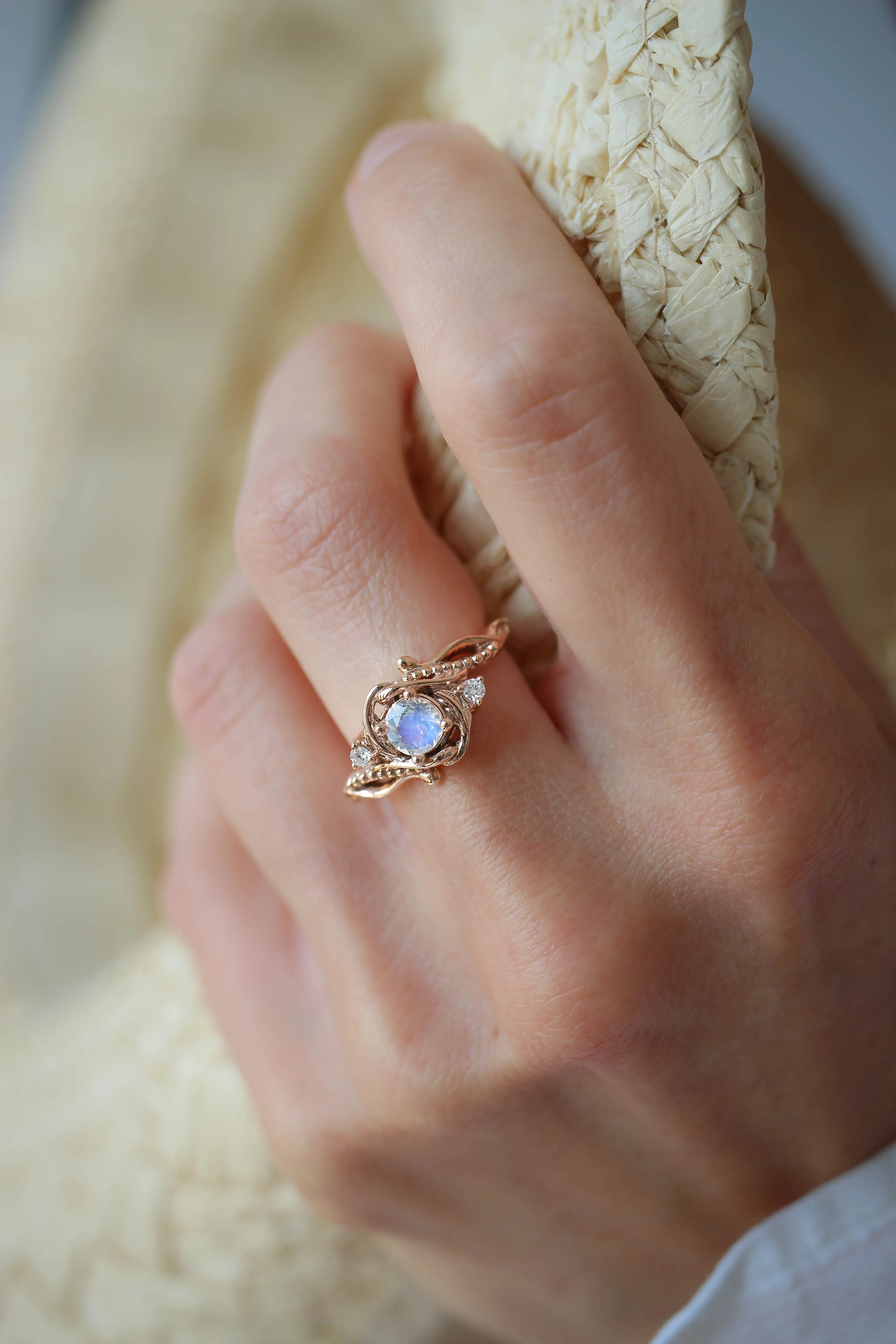 Rainbow moonstone engagement ring with diamonds / Undina