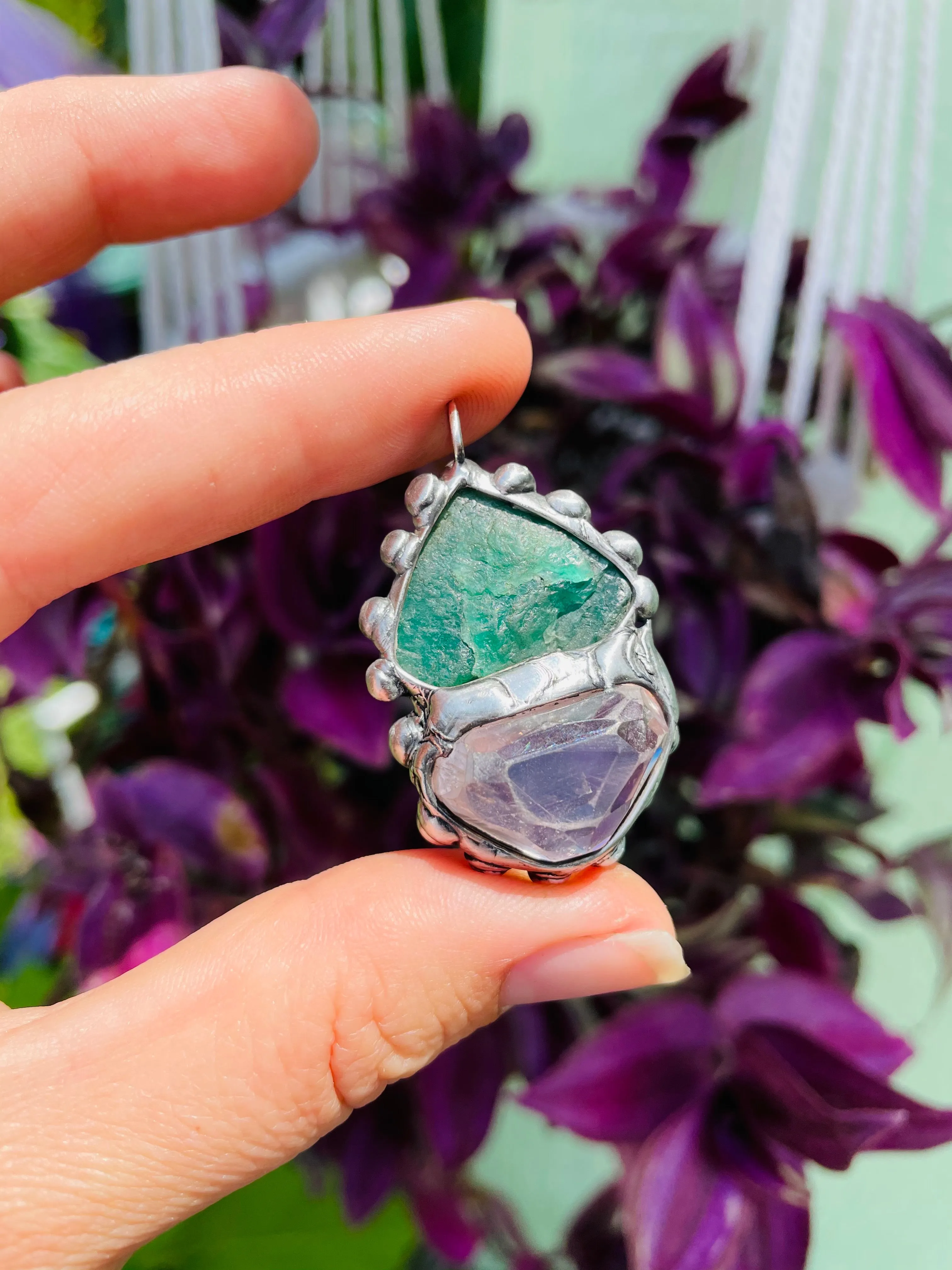 Raw Emerald and Gumdrop Gem Kunzite amulet