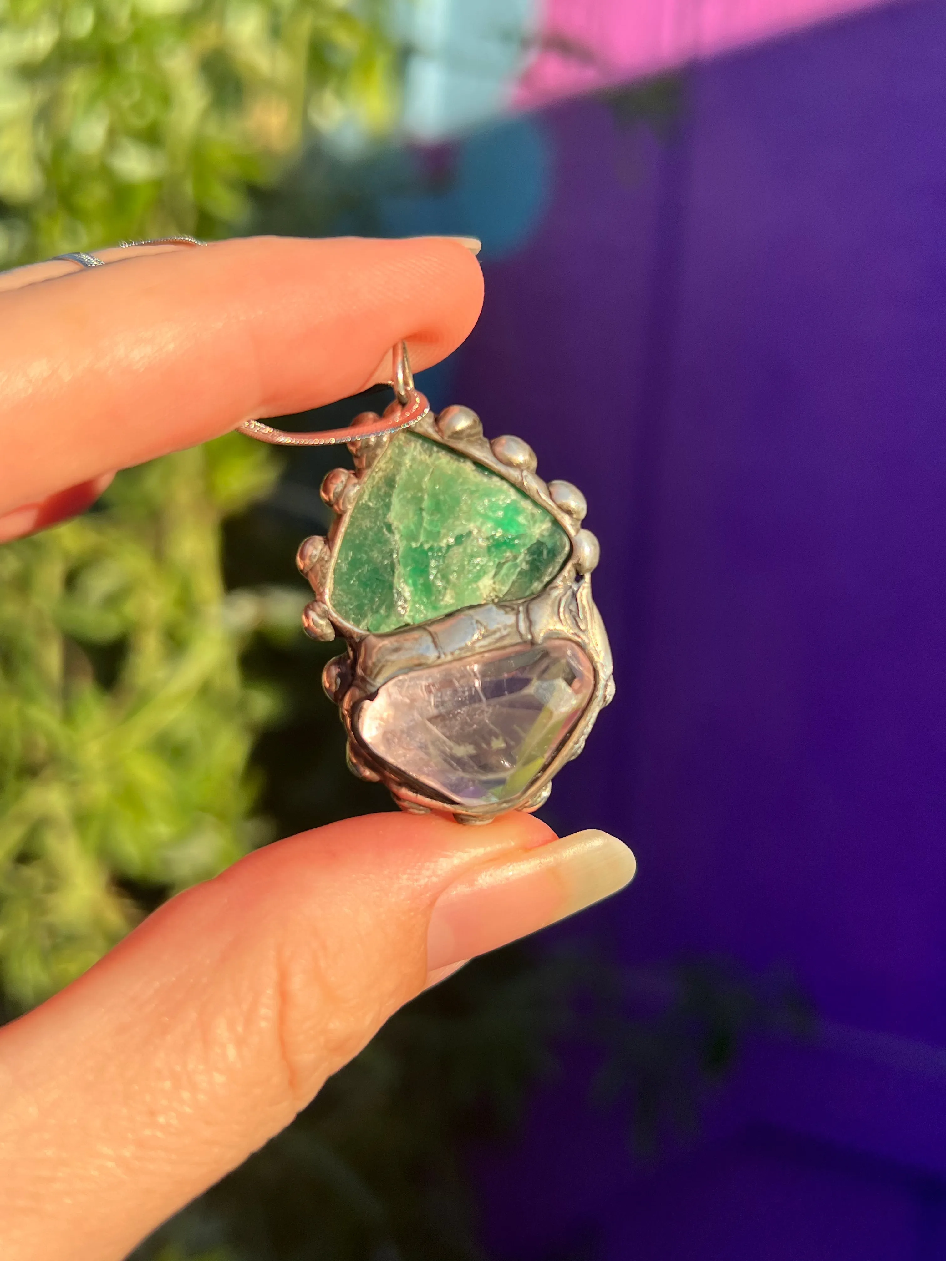 Raw Emerald and Gumdrop Gem Kunzite amulet