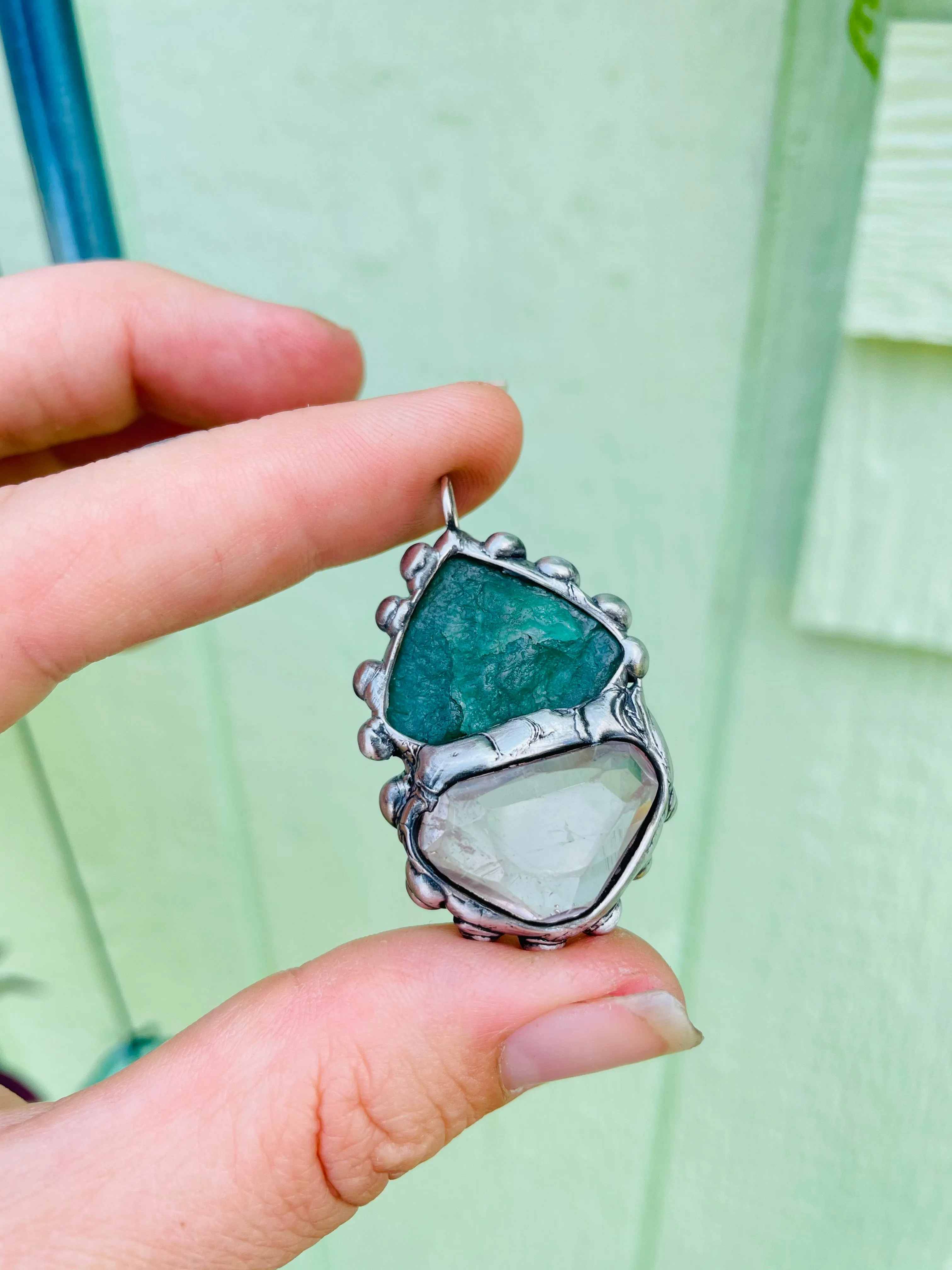 Raw Emerald and Gumdrop Gem Kunzite amulet