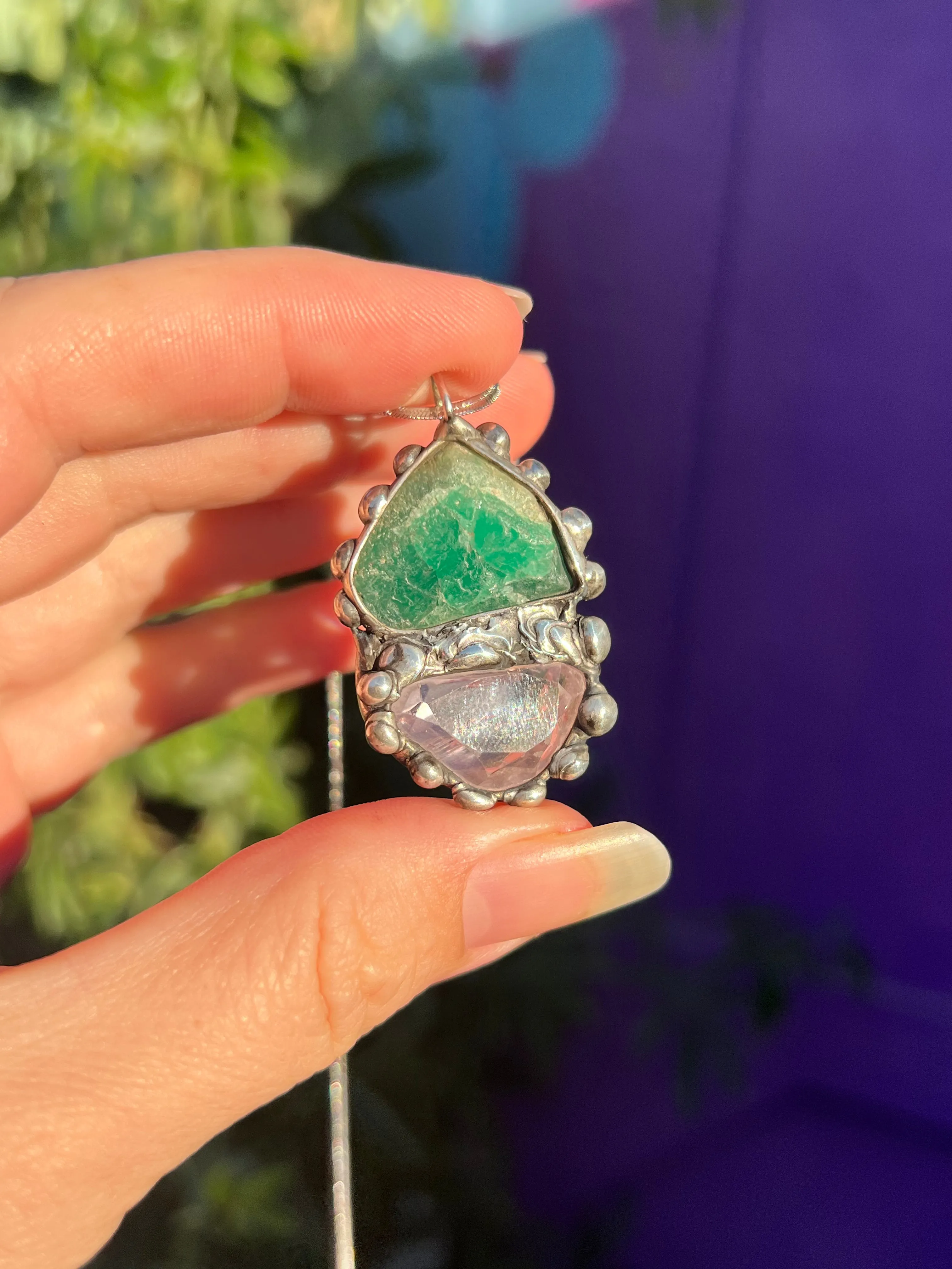 Raw Emerald and Gumdrop Gem Kunzite amulet