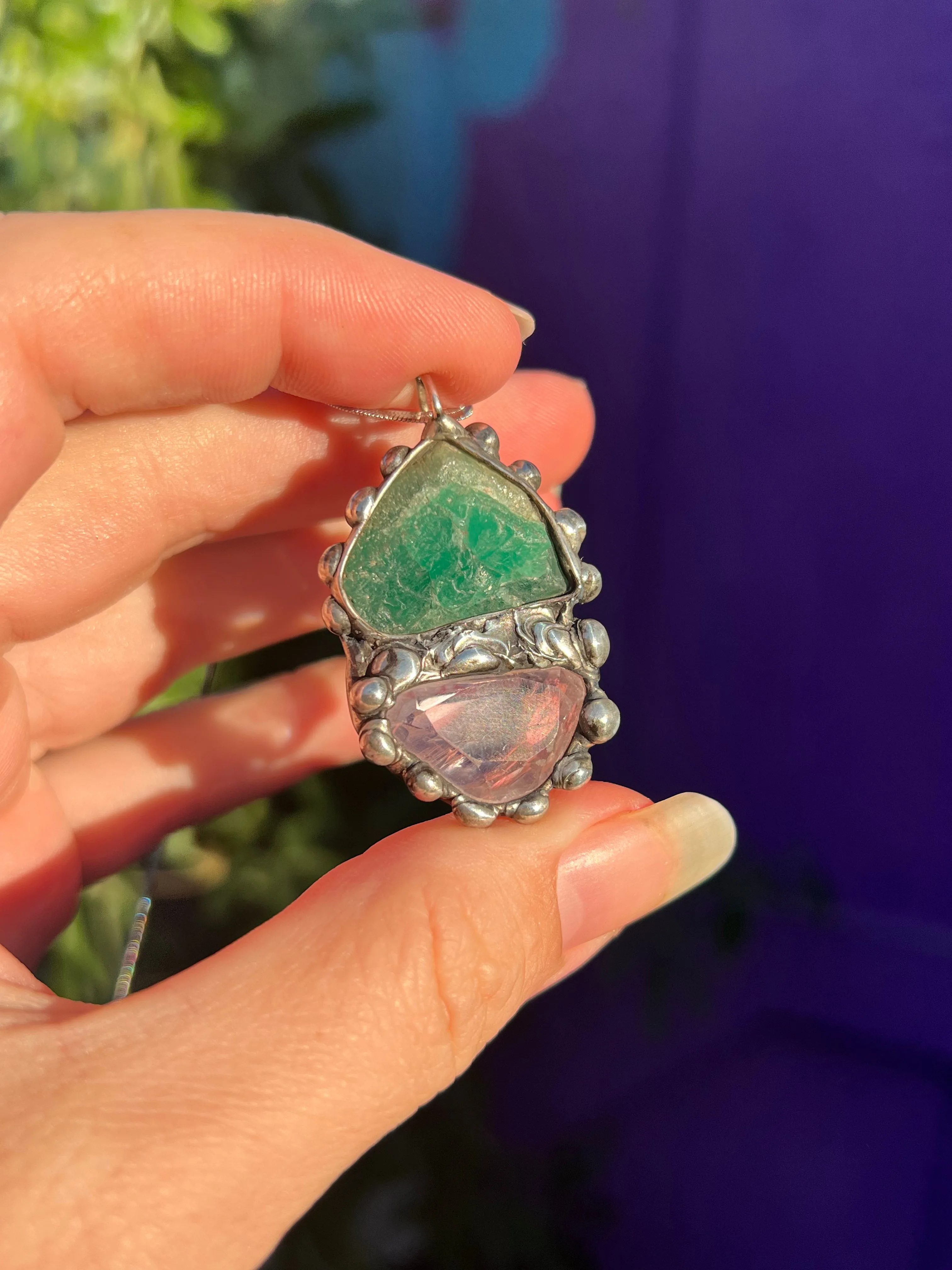 Raw Emerald and Gumdrop Gem Kunzite amulet