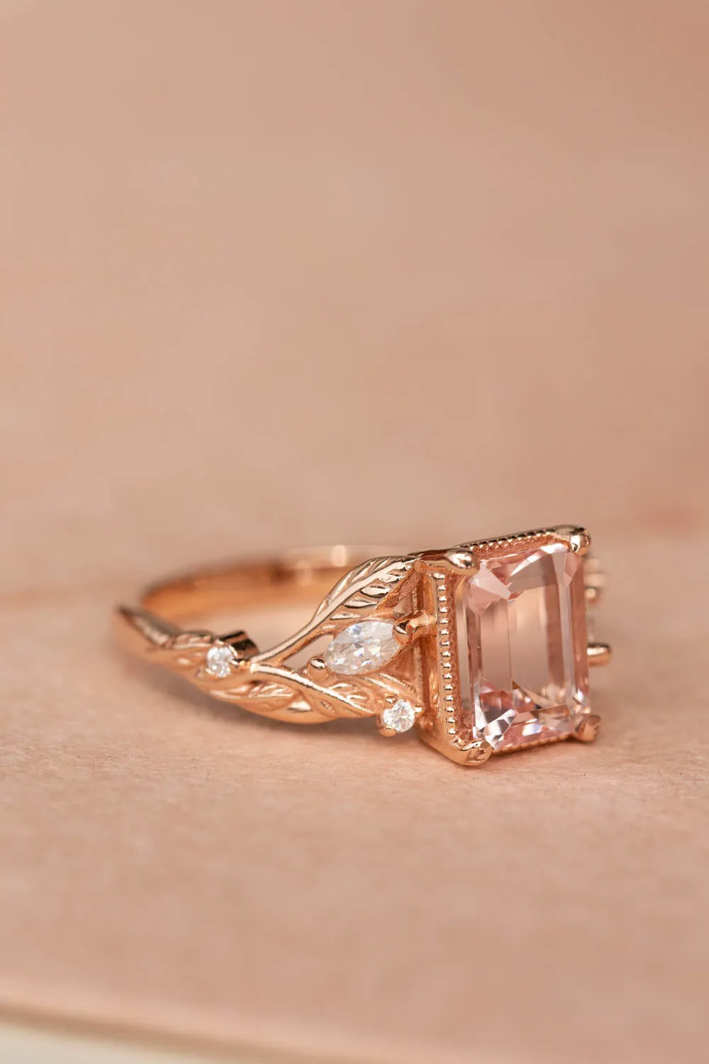 READY TO SHIP: Patricia ring in 14K rose gold, natural morganite emerald cut 8x6 mm, accent moissanites, AVAILABLE RING SIZES: 6-8US