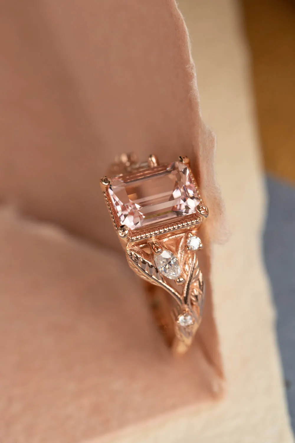 READY TO SHIP: Patricia ring in 14K rose gold, natural morganite emerald cut 8x6 mm, accent moissanites, AVAILABLE RING SIZES: 6-8US