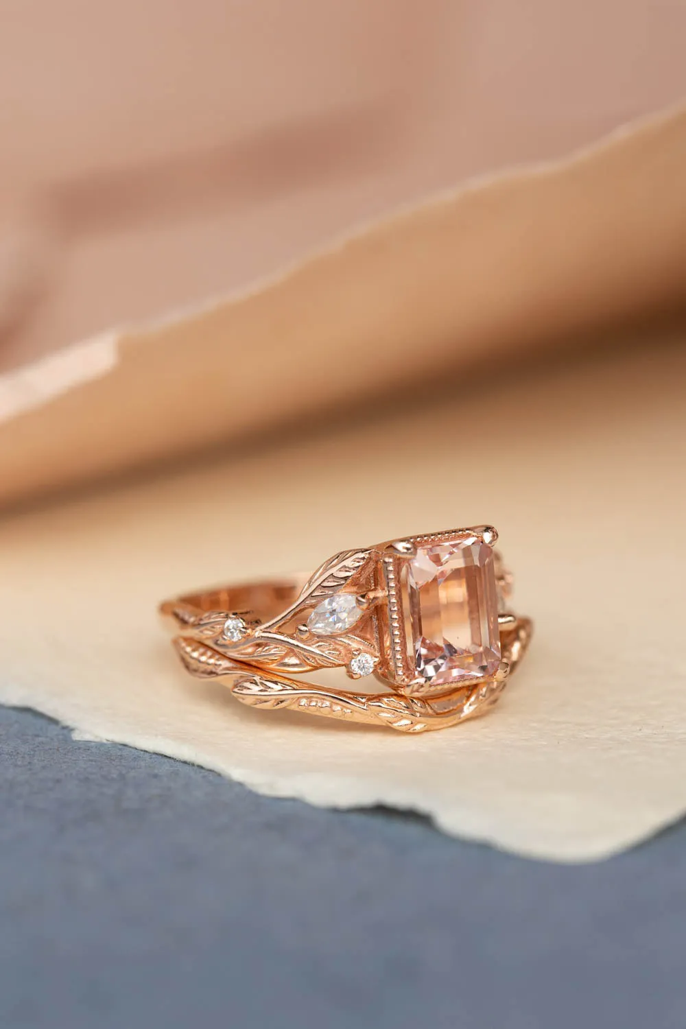 READY TO SHIP: Patricia ring in 14K rose gold, natural morganite emerald cut 8x6 mm, accent moissanites, AVAILABLE RING SIZES: 6-8US