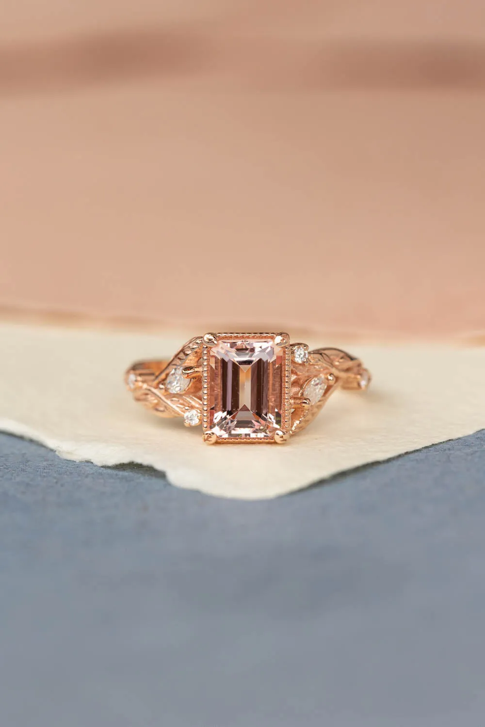 READY TO SHIP: Patricia ring in 14K rose gold, natural morganite emerald cut 8x6 mm, accent moissanites, AVAILABLE RING SIZES: 6-8US