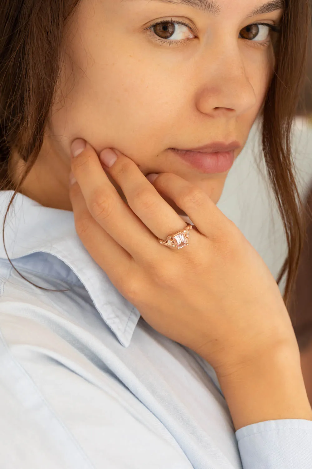 READY TO SHIP: Patricia ring in 14K rose gold, natural morganite emerald cut 8x6 mm, accent moissanites, AVAILABLE RING SIZES: 6-8US