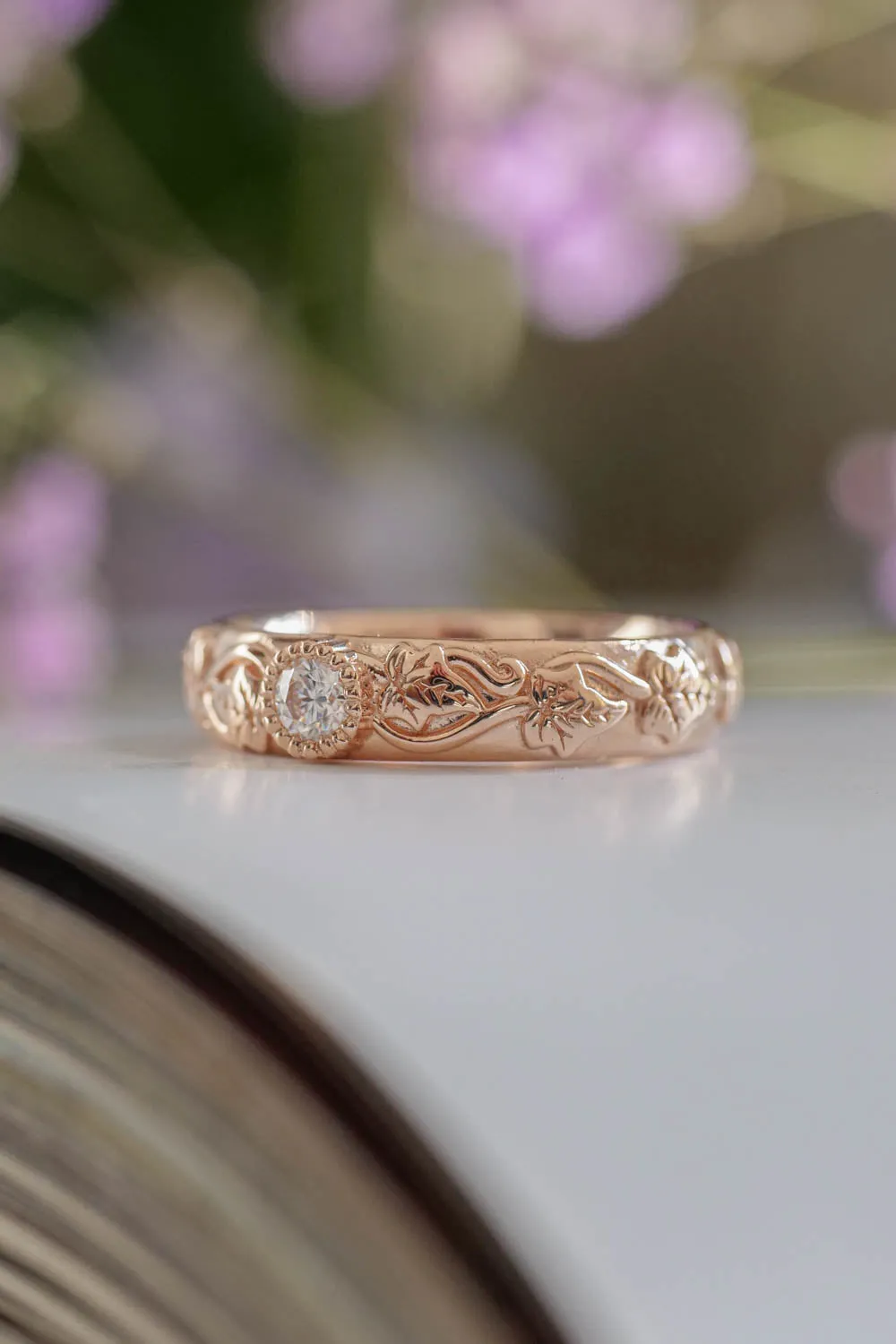 READY TO SHIP: Wedding band in 14K rose gold, natural diamond 3mm, RING SIZE 5 US