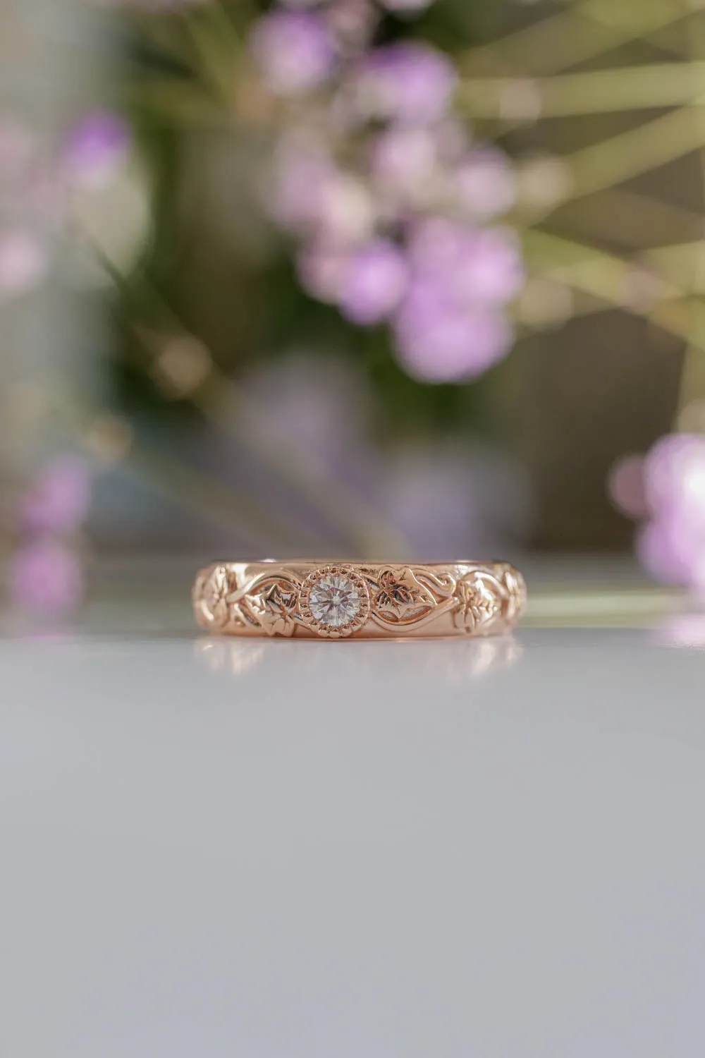 READY TO SHIP: Wedding band in 14K rose gold, natural diamond 3mm, RING SIZE 5 US