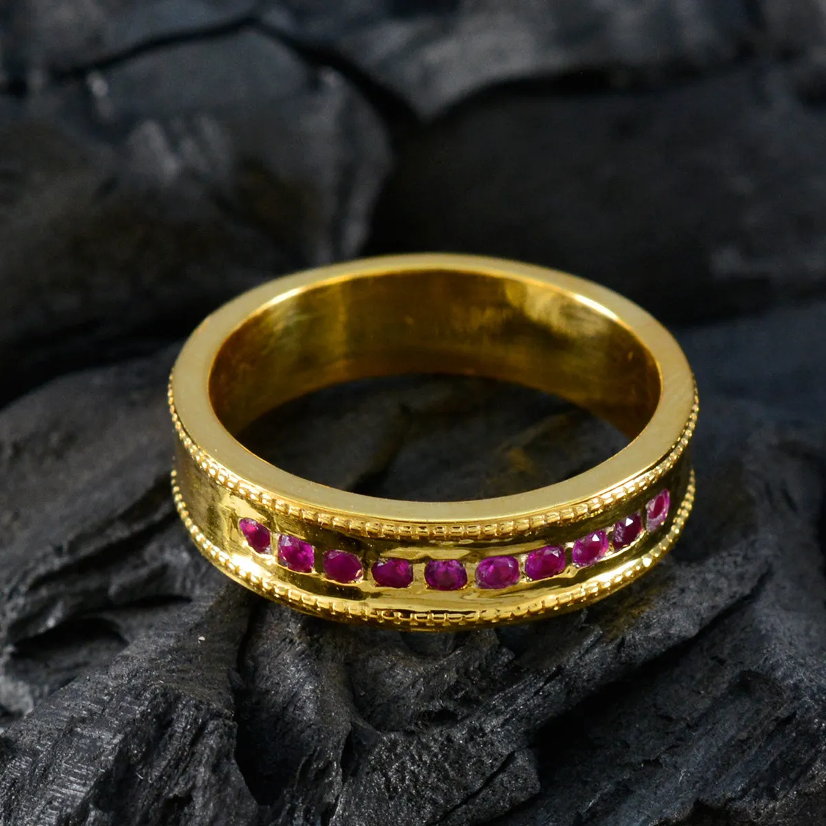 Riyo Adorable Silver Ring With Yellow Gold Plating Ruby CZ Stone Round Shape Bezel Setting Ring