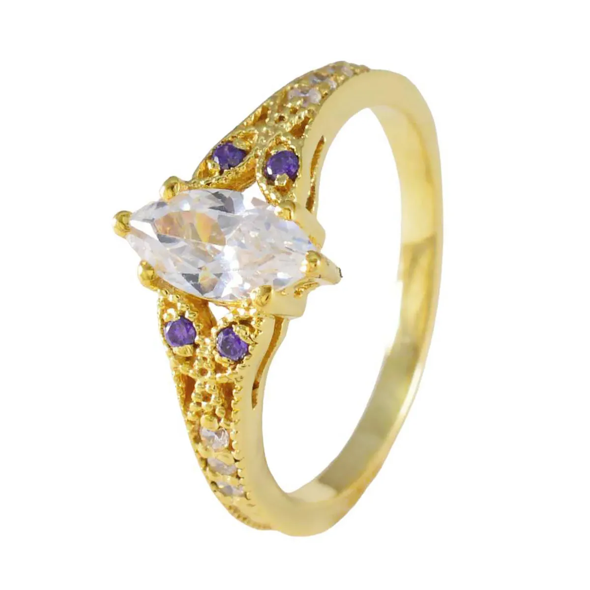 Riyo Antique Silver Ring With Yellow Gold Plating Amethyst Stone Marquise Shape Prong Setting Fashion Jewelry Birthday Ring