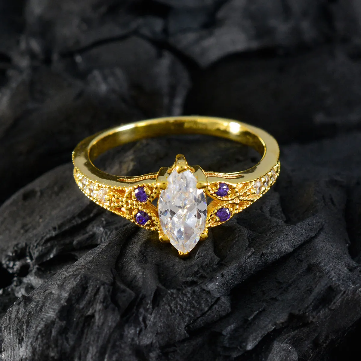 Riyo Antique Silver Ring With Yellow Gold Plating Amethyst Stone Marquise Shape Prong Setting Fashion Jewelry Birthday Ring