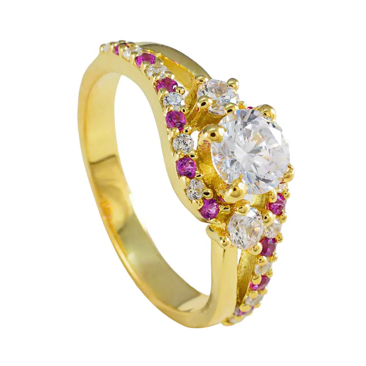 Riyo Best Silver Ring With Yellow Gold Plating Ruby CZ Stone Round Shape Prong Setting Designer Ring