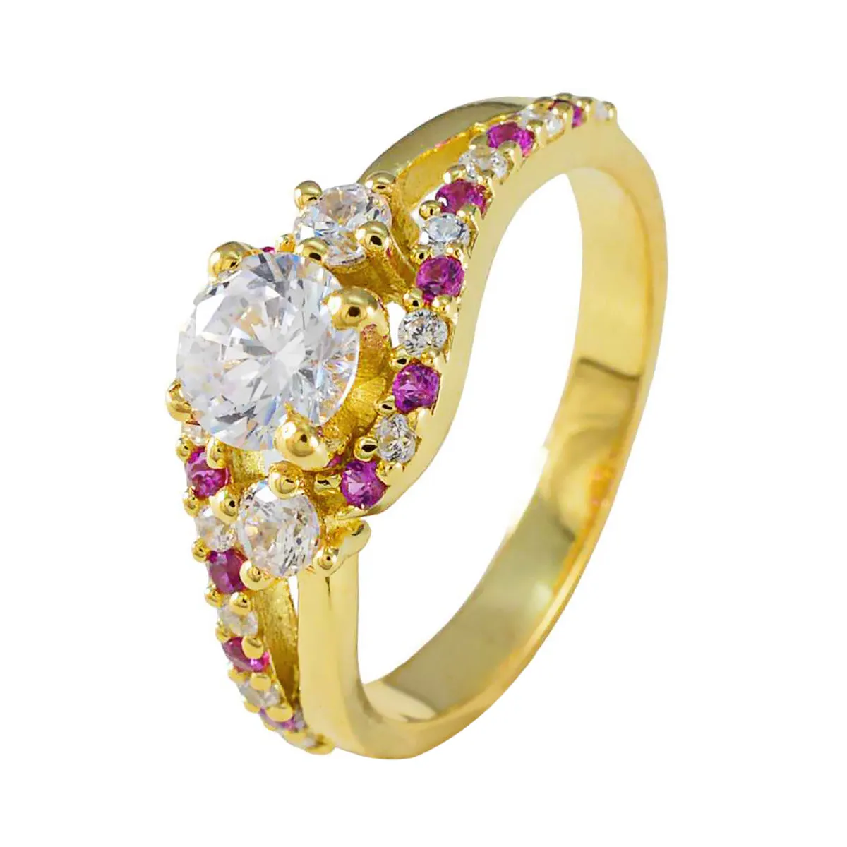 Riyo Best Silver Ring With Yellow Gold Plating Ruby CZ Stone Round Shape Prong Setting Designer Ring