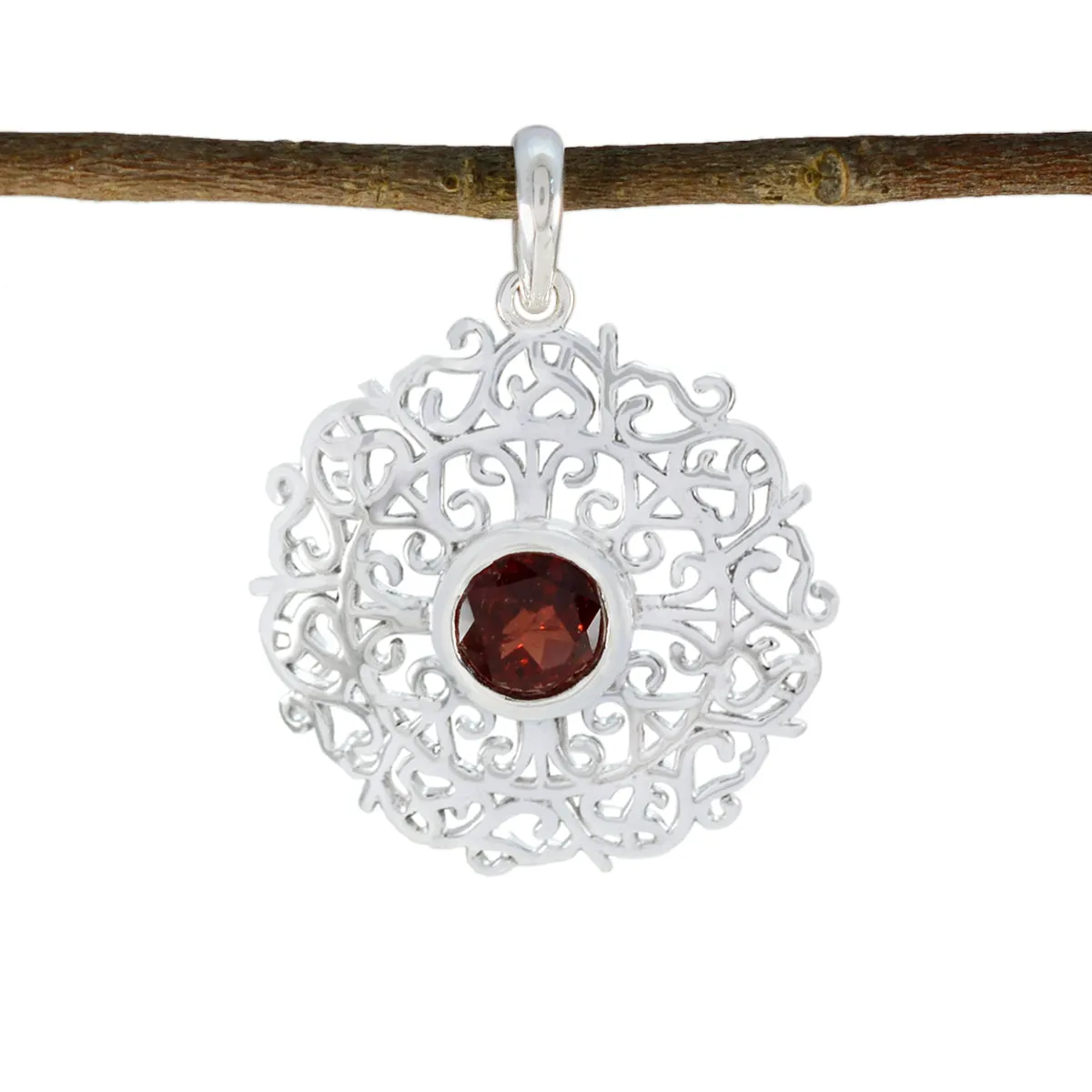 Riyo Easy Gemstone Round Faceted Red Garnet 981 Sterling Silver Pendant Gift For Birthday