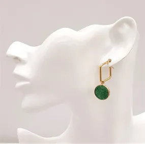 Round Green Druzy Agate Single Drop Square Hoop Earrings