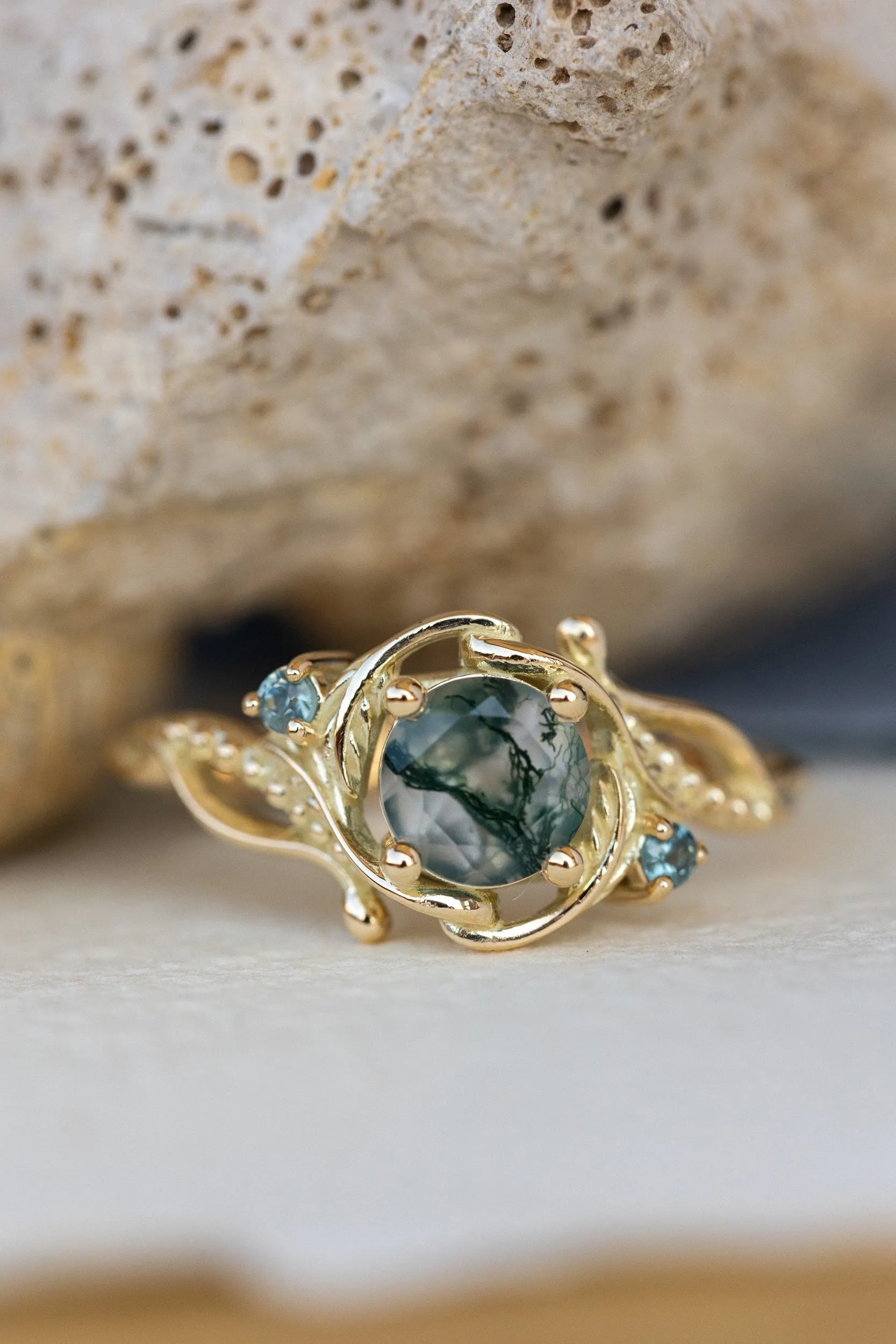 Round moss agate engagement ring with accent sapphires, nature themed proposal ring with diamonds  / Undina