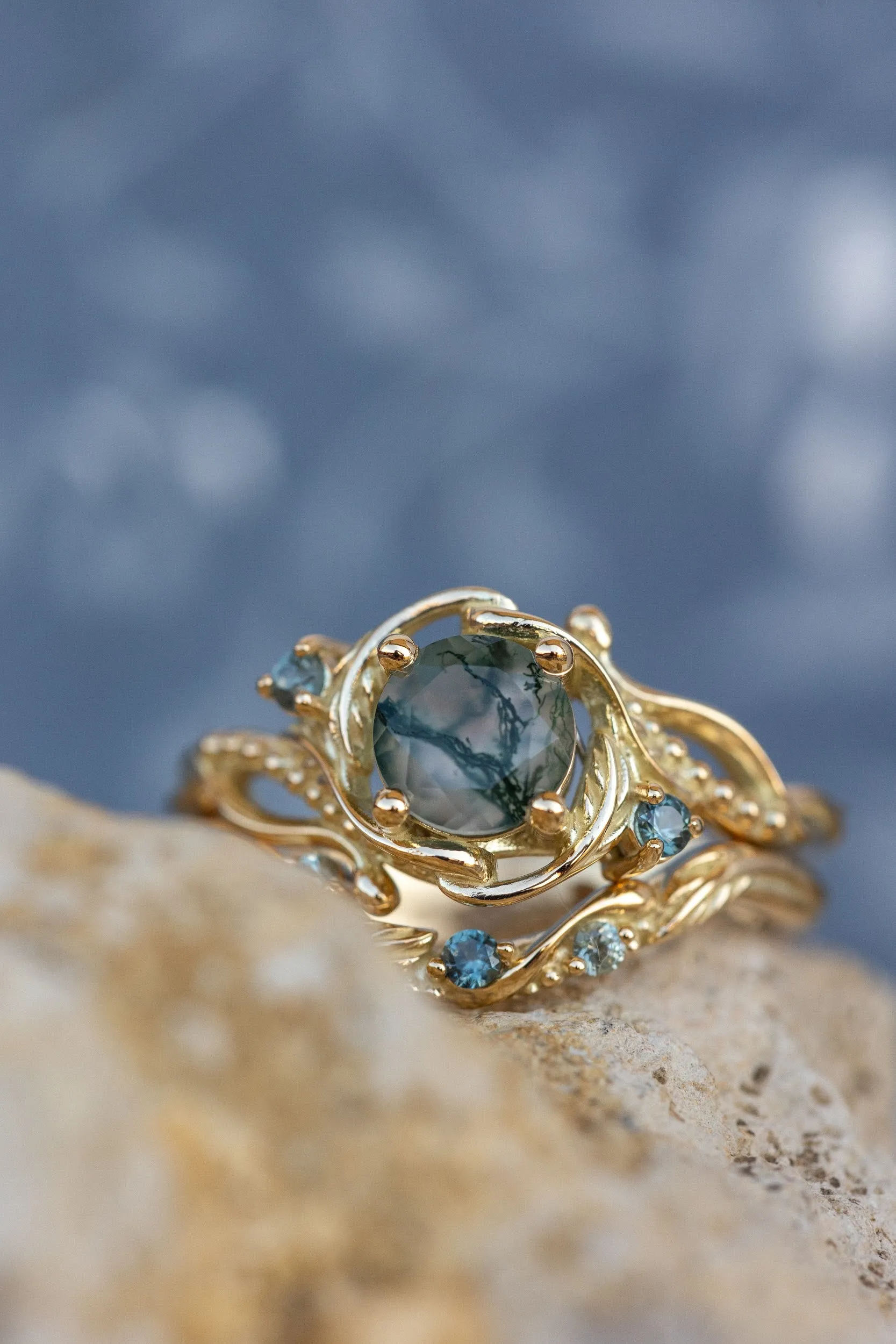 Round moss agate engagement ring with accent sapphires, nature themed proposal ring with diamonds  / Undina