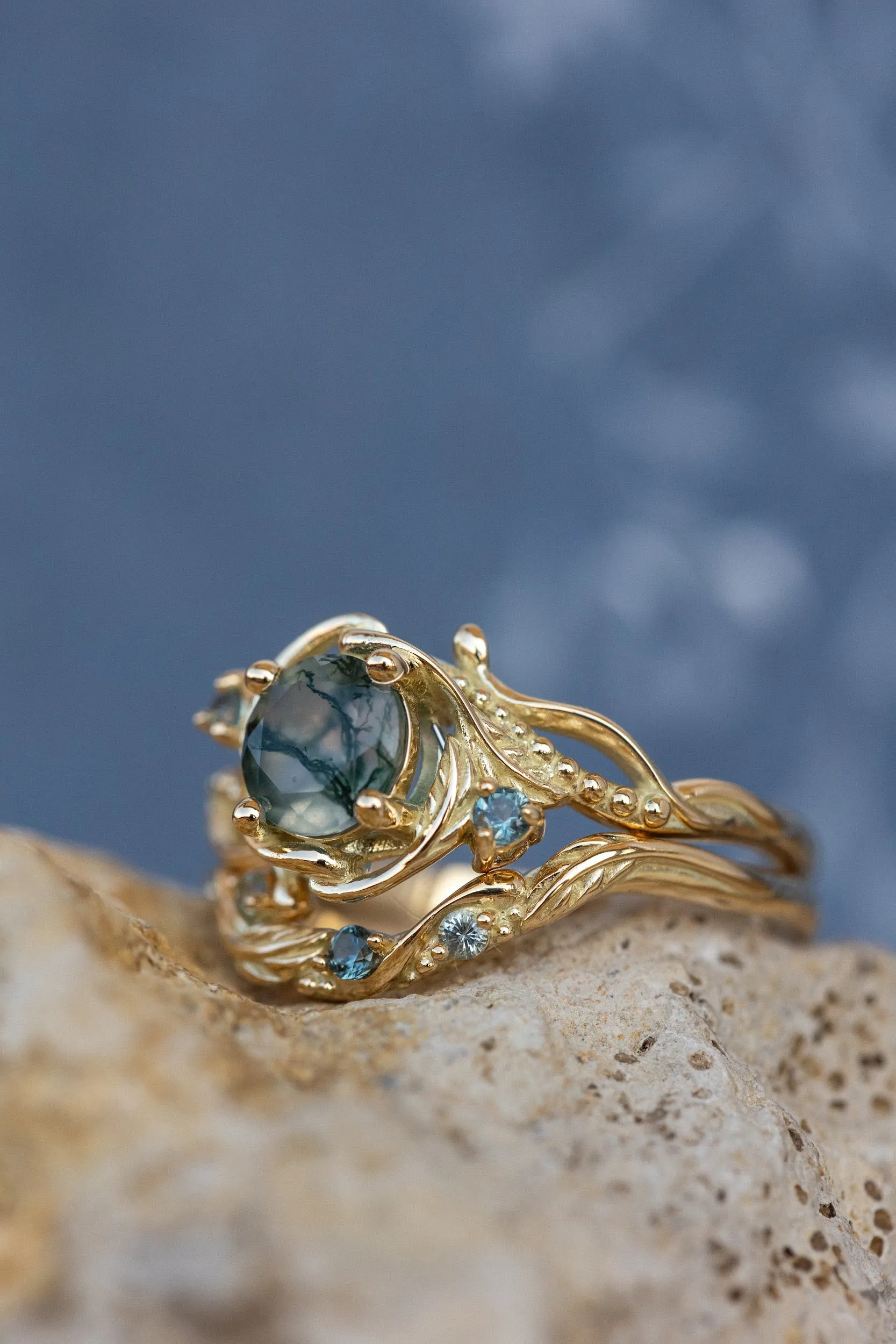 Round moss agate engagement ring with accent sapphires, nature themed proposal ring with diamonds  / Undina