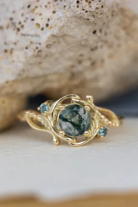 Round moss agate engagement ring with accent sapphires, nature themed proposal ring with diamonds  / Undina