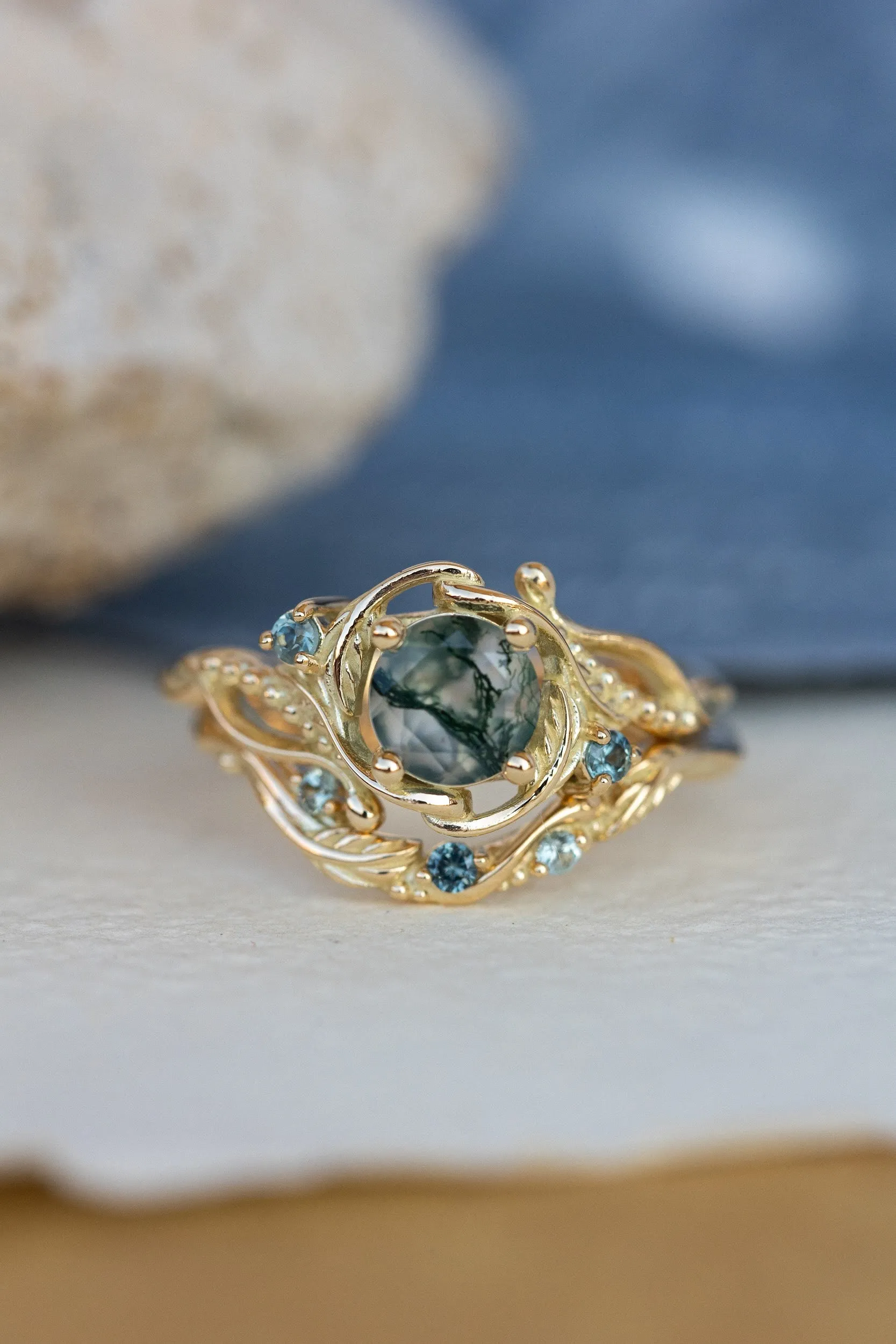 Round moss agate engagement ring with accent sapphires, nature themed proposal ring with diamonds  / Undina