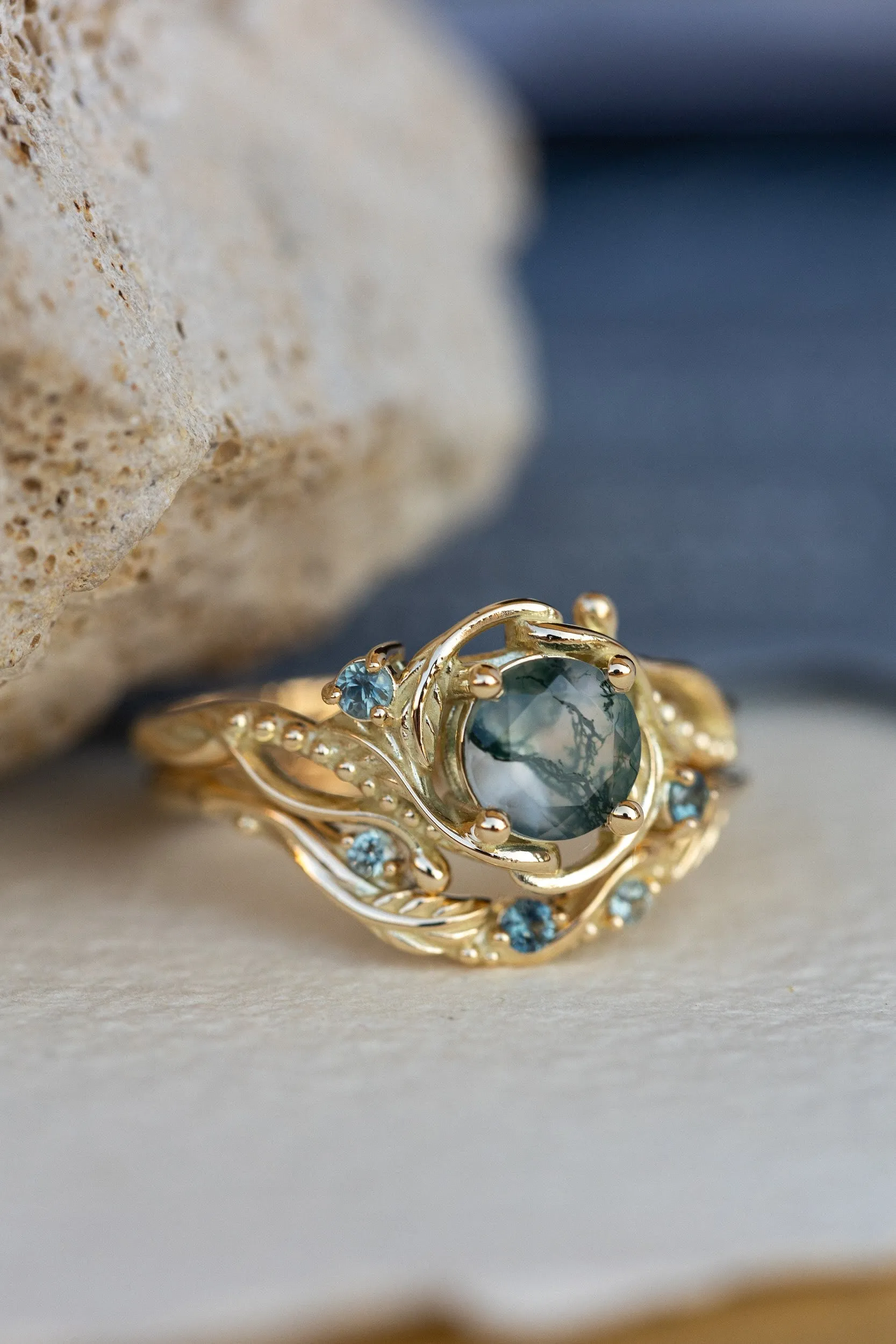 Round moss agate engagement ring with accent sapphires, nature themed proposal ring with diamonds  / Undina