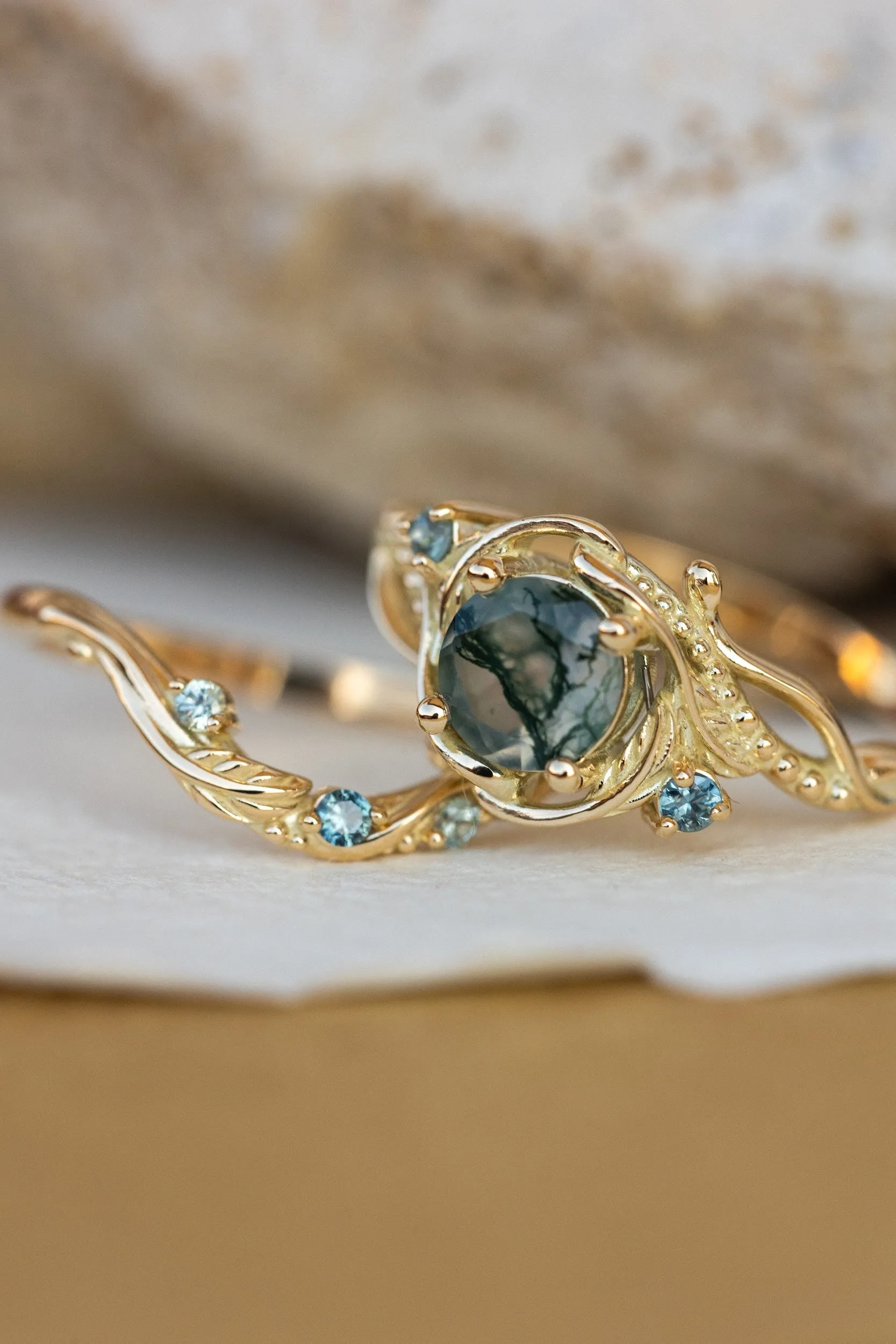 Round moss agate engagement ring with accent sapphires, nature themed proposal ring with diamonds  / Undina