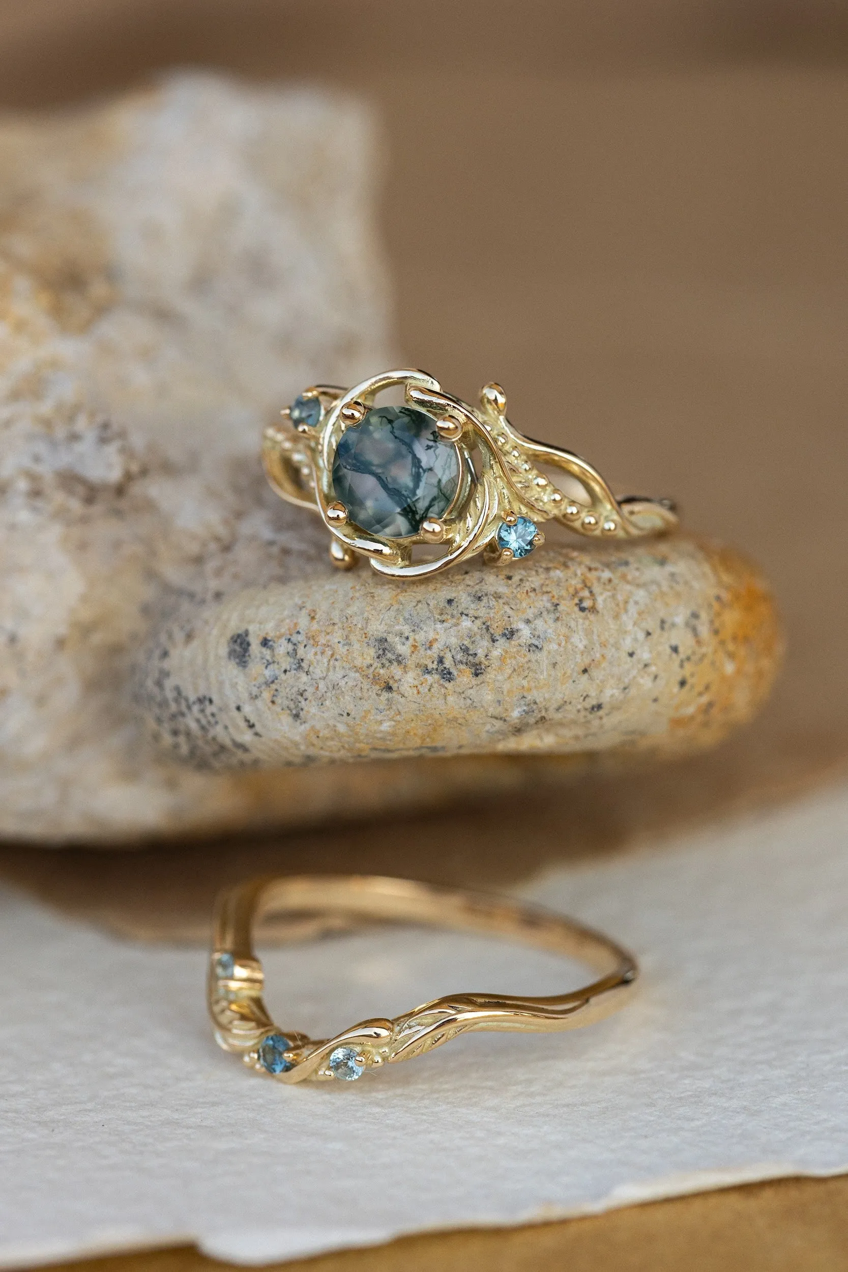 Round moss agate engagement ring with accent sapphires, nature themed proposal ring with diamonds  / Undina