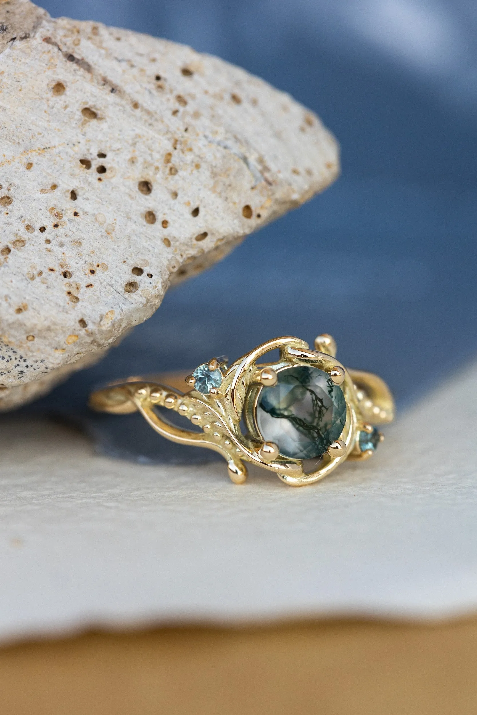 Round moss agate engagement ring with accent sapphires, nature themed proposal ring with diamonds  / Undina