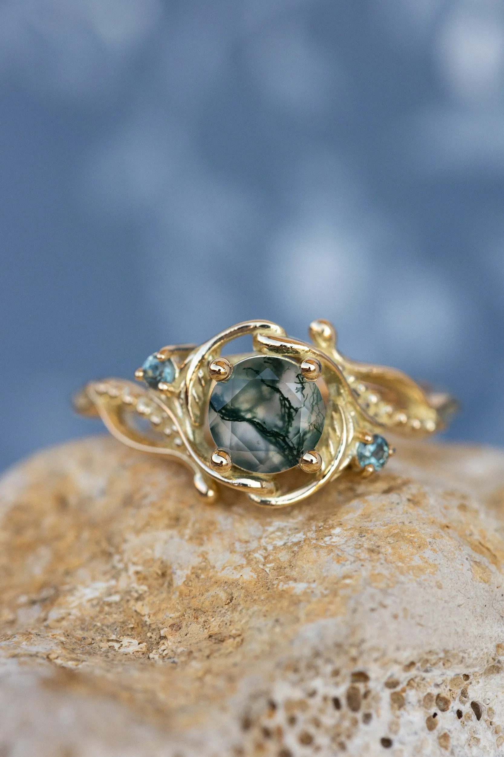 Round moss agate engagement ring with accent sapphires, nature themed proposal ring with diamonds  / Undina