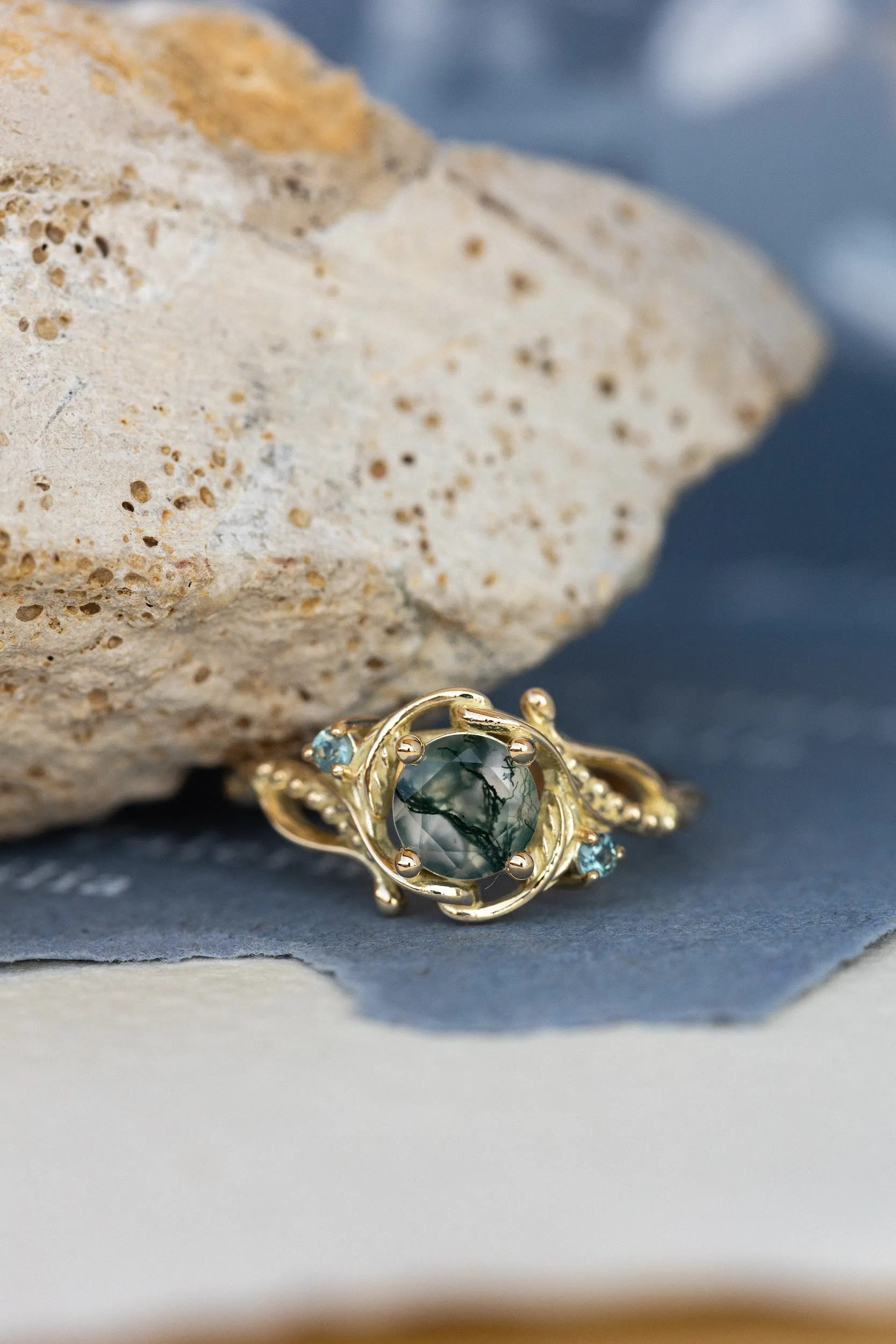 Round moss agate engagement ring with accent sapphires, nature themed proposal ring with diamonds  / Undina