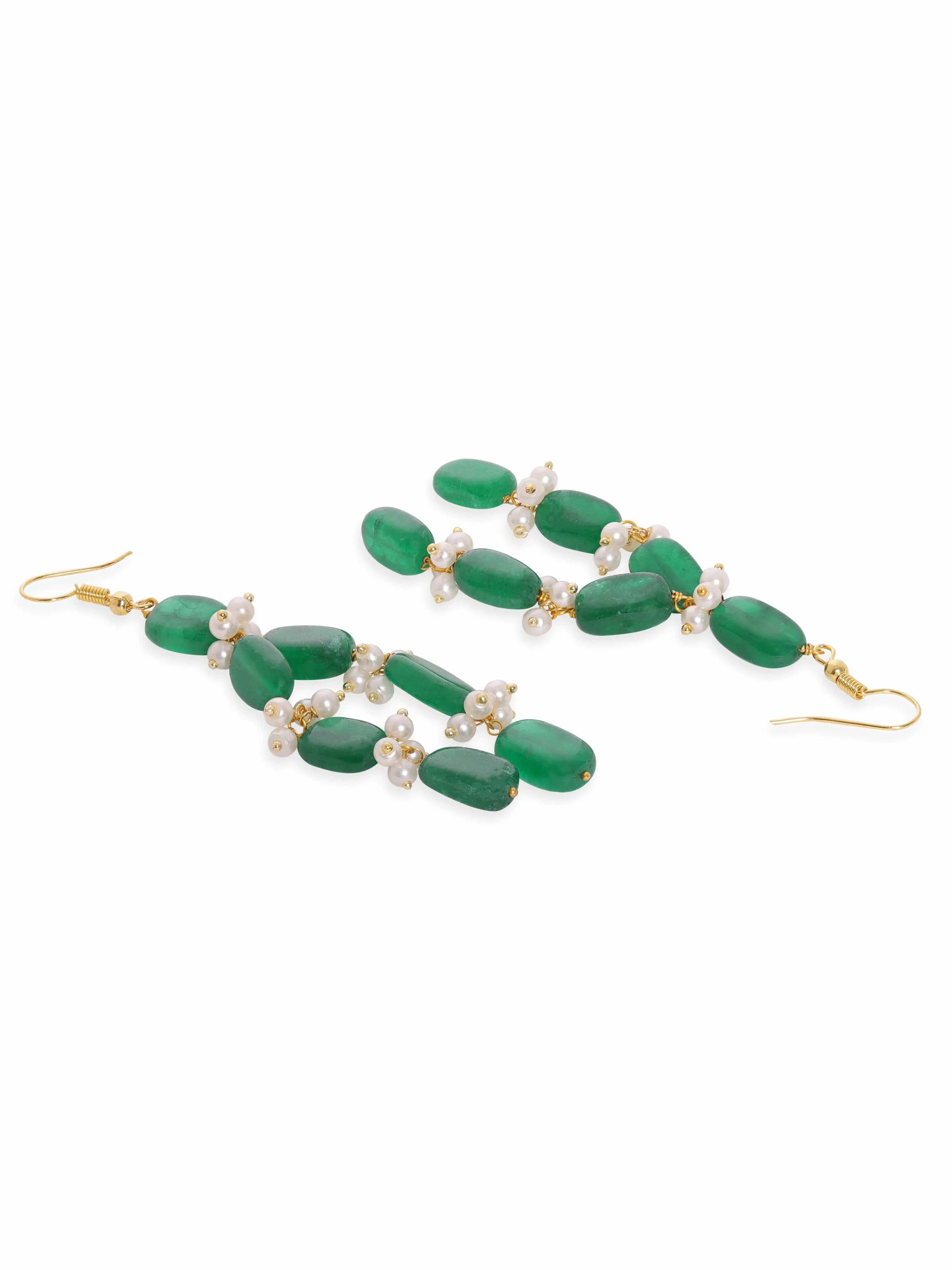 Rubans 22K Gold Plated Semi Precious Green Aventurine Gem Beaded Zirconia studded Tri Layer Statement Necklace Set