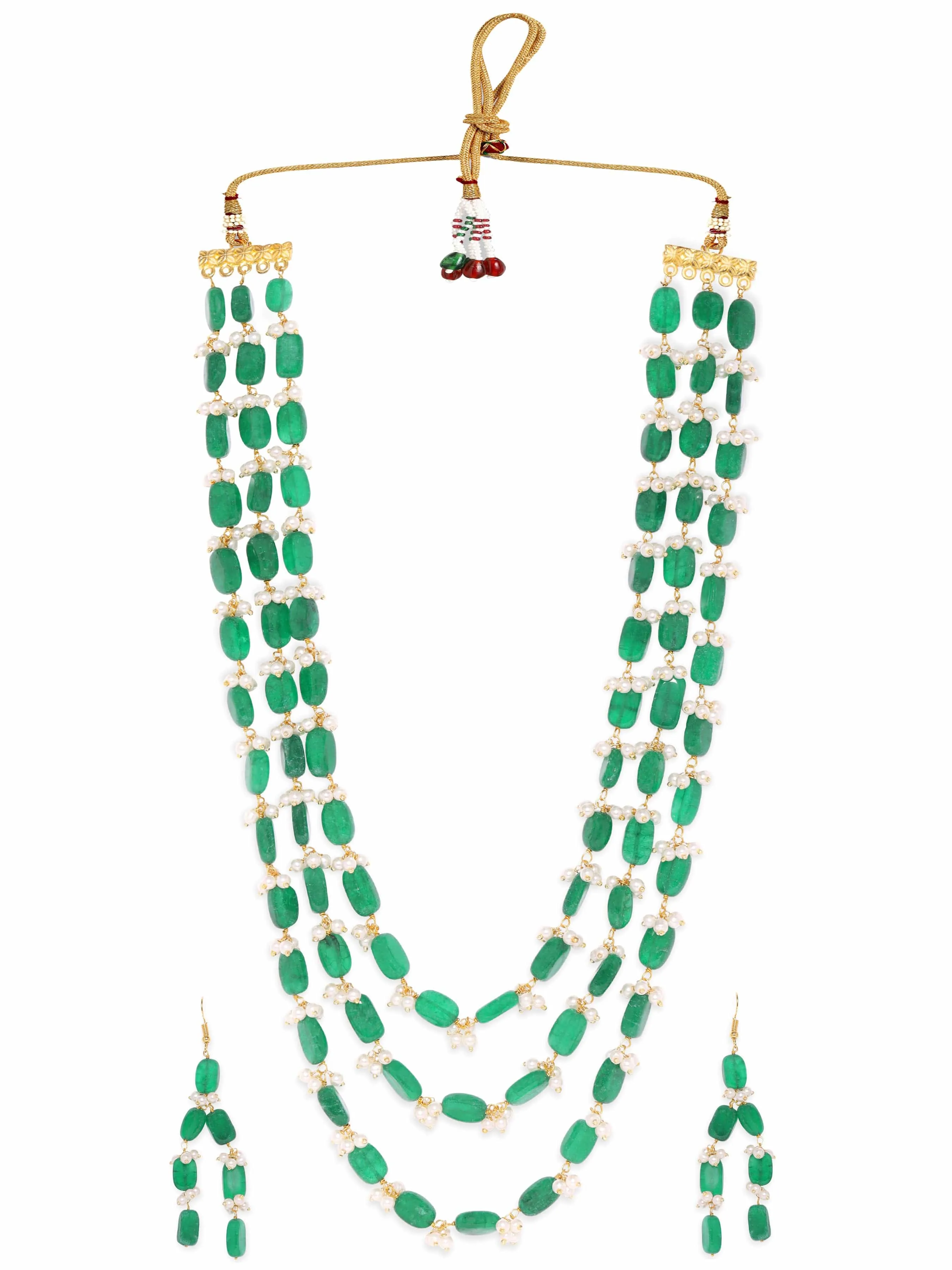 Rubans 22K Gold Plated Semi Precious Green Aventurine Gem Beaded Zirconia studded Tri Layer Statement Necklace Set