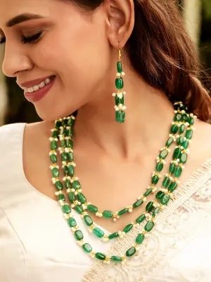 Rubans 22K Gold Plated Semi Precious Green Aventurine Gem Beaded Zirconia studded Tri Layer Statement Necklace Set